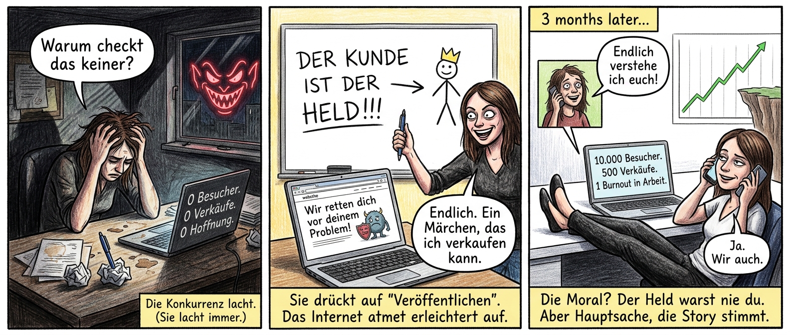 { Titel: "Der Held war nie du" – Eine Gründer-Tragikomödie in drei Akten
Panel 1 (Szene 1 – Der Absturz)
Dunkel, scharfkantige Schatten. Lenas Büro ist ein Schlachtfeld aus Kaffeeflecken und Selbstzweifeln. Der Laptop zeigt eine Website-Statistik: "0 Besucher. 0 Verkäufe. 0 Hoffnung." Im Hintergrund flackert das Logo der Konkurrenz wie ein billiger Horrorfilm-Villain durchs Fenster, neonrot und grinsend. Lena sitzt zusammengesackt, die Hände in den Haaren, ein Stift steckt wie ein Messer im zerknüllten Papierhaufen vor ihr. Eine Sprechblase schwebt über ihrem Kopf: "Warum checkt das keiner?" Unten rechts, klein: "Die Konkurrenz lacht. (Sie lacht immer.)"
Panel 2 (Szene 2 – Die Erleuchtung (oder der Betrug?))
Plötzliche Helligkeit – als hätte jemand einen Schalter umgelegt. Lena steht vor einem Whiteboard, auf dem mit kindlicher Schrift "DER KUNDE IST DER HELD!!!" prangt, daneben ein Pfeil zu einem Strichmännchen mit Krone. Sie hält einen Stift wie Excalibur, ihr Gesicht ist eine Mischung aus Euphorie und Wahnsinn. Auf dem Laptop: ein Entwurf ihrer neuen Website mit dem Slogan "Wir retten dich vor deinem Problem!" (Das Problem ist ein trauriges, kleines Monster mit ihrem alten Logo als Schild.) Sprechblase: "Endlich. Ein Märchen, das ich verkaufen kann." Unten: "Sie drückt auf 'Veröffentlichen'. Das Internet atmet erleichtert auf."
Panel 3 (Szene 3 – Der Pakt mit dem Teufel (aka Kapitalismus))
Drei Monate später. Lenas Büro glänzt wie ein Apple Store nach der Reinigung. Der Laptop zeigt eine Statistik: "10.000 Besucher. 500 Verkäufe. 1 Burnout in Arbeit." Lena lehnt sich zurück, die Füße auf dem Tisch, ein Telefon zwischen Schulter und Ohr geklemmt. Am anderen Ende der Leitung: ein Kunde, der aussieht wie ihr früheres Ich (nur glücklicher). Sprechblase des Kunden: "Endlich verstehe ich euch!" Lenas Antwort: "Ja. Wir auch." Im Hintergrund: ein Chart, das steil nach oben geht – und direkt in eine Klippe mündet. Unten: "Die Moral? Der Held war nie du. Aber Hauptsache, die Story stimmt." }