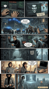 Der Comic zeigt, wie ein massives Polizeiaufgebot eine Serverfarm in einer Großstadt stürmt. Die kriminelle Organisatorin dahinter ist jedoch entkommen.