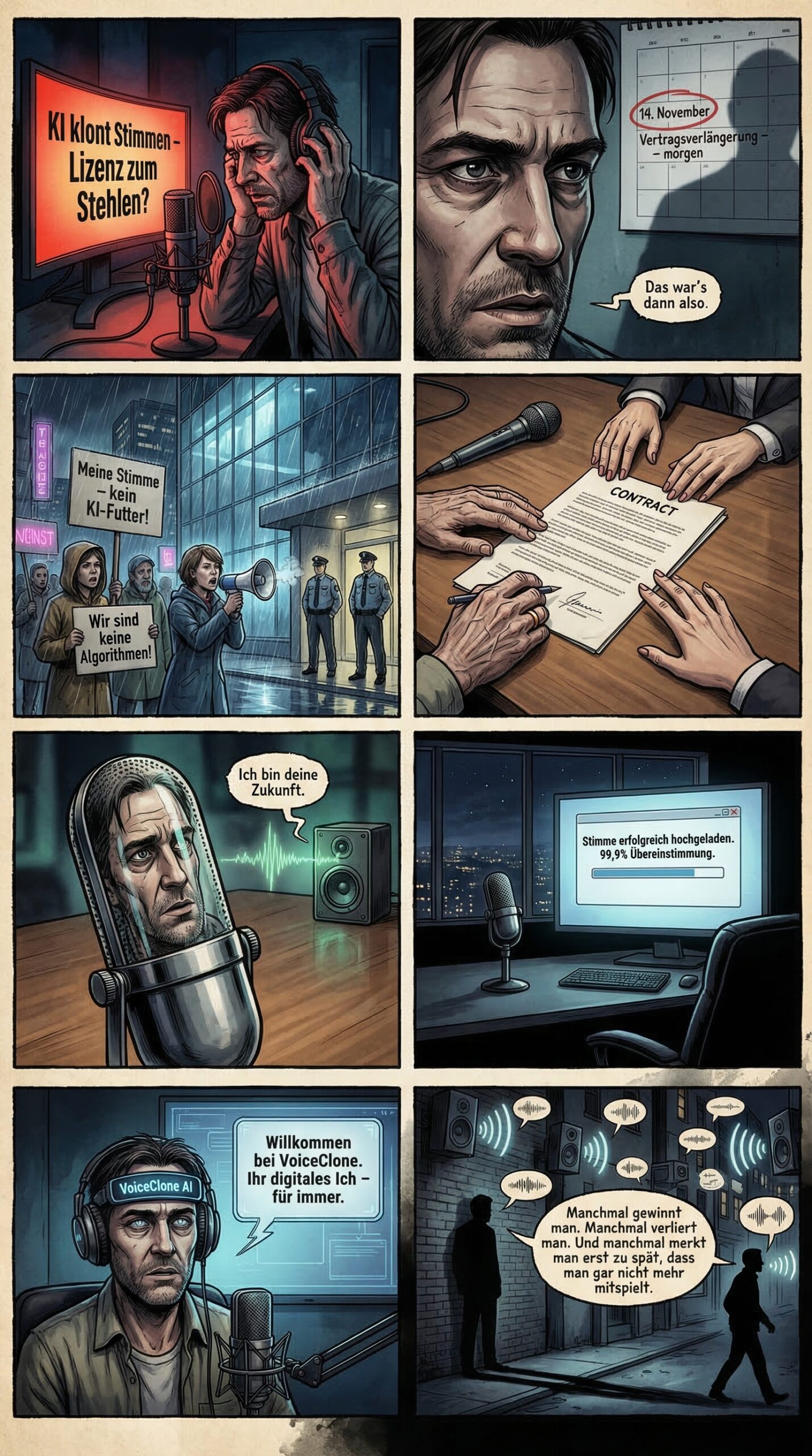 Der Comic zeigt einen Synchronsprecher, der vertraglich gezwungen ist, mit seiner Stimme eine KI zu trainieren. Resigniert stellt er fest: Manchmal merkt man erst zu spät, dass man gar nicht mehr mitspielt.