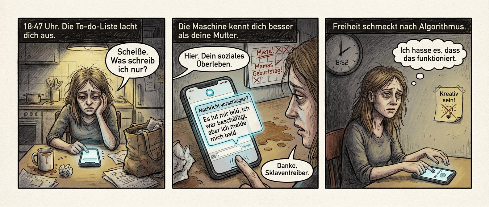 Titel: "KI – Dein neuer bester Freund (ob du willst oder nicht)"
Panel 1 (Szene 1 – Der Alltagsstress)
Lena sitzt am Küchentisch, umgeben von Chaos: halbvolle Kaffeetasse, zerknüllte Zettel, eine Tasche, die aussieht, als hätte sie ein Kampfhund gepackt. Ihr Gesicht ist eine Maske aus Erschöpfung, die Augen auf das Handy gerichtet. Der blinkende Cursor in der leeren Chatnachricht wirkt wie ein Vorwurf.
Textfeld: "18:47 Uhr. Die To-do-Liste lacht dich aus."
Sprechblase (Lena, flüsternd): "Scheiße. Was schreib ich nur?"
Panel 2 (Szene 1 – Der letzte Funke Hoffnung stirbt)
Lena starrt auf den Bildschirm, ihr Daumen schwebt über der Tastatur. Im Hintergrund: Ein Kalender mit roten Markierungen ("Miete!", "Mamas Geburtstag!", "Arzttermin – VERGESSEN?"). Die Kaffeetasse ist jetzt umgestürzt, der Fleck breitet sich aus wie ein schlechter Omen.
Textfeld: "Die KI weiß, dass du kurz davor bist, das Handy aus dem Fenster zu werfen."
Sprechblase (Lena, verzweifelt): "Warum bin ich so kaputt?"
Panel 3 (Szene 2 – Die KI schlägt zu)
Plötzlich poppt ein Fenster auf: "Nachricht vorschlagen?" Lenas Finger zögert, dann tippt sie ein einziges Wort: "Sorry". Die KI generiert eine perfekte, höfliche Antwort – so glatt, dass es wehtut. Lena starrt darauf, als hätte ihr jemand gerade das letzte bisschen Würde genommen.
Textfeld: "Die Maschine kennt dich besser als deine Mutter."
Sprechblase (KI, freundlich): "Hier. Dein soziales Überleben."
Sprechblase (Lena, sarkastisch): "Danke, Sklaventreiber."