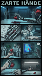 Der Comic zeigt Wissenschaftler, die mit dem Problem zu großer Griffkraft bei Robotern arbeiten und es schließlich mit künstlicher Haut lösen.