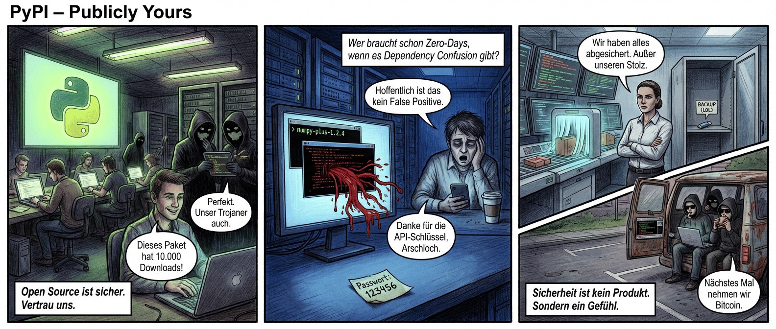 Titel: "PyPI – Publicly Yours"
Panel 1 (Szene 1 – Die Illusion der Sicherheit)
Ein Großraumbüro, Neonlicht flackert. Entwickler tippen lässig auf Laptops, während über ihnen ein riesiger Bildschirm das Python-Logo in grellem Grün strahlt. Im Hintergrund, halb verdeckt von Serverracks, stehen drei dunkle Gestalten mit Kapuzen – ihre Gesichter sind nur als pixelige Schatten zu erkennen. Einer hält ein Tablet, auf dem Codezeilen wie Würmer über den Bildschirm kriechen.
Textfeld (unten links, fett):
"Open Source ist sicher. Vertrau uns."
Sprechblase (Entwickler, lächelnd):
"Dieses Paket hat 10.000 Downloads!"
Sprechblase (Schattenfigur, flüsternd):
"Perfekt. Unser Trojaner auch."
---
Panel 2 (Szene 2 – Der stille Dieb)
Ein Serverraum, dunkelblau beleuchtet. Ein einzelner Monitor zeigt eine Kommandozeile, in der ein Paketname aufblinkt: "numpy-plus-1.2.4". Plötzlich öffnet sich ein schwarzes Fenster – Datenströme schießen wie Blut aus einer Ader in ein unbekanntes Netzwerk. Im Hintergrund: ein überlasteter Admin, der gähnend auf sein Handy starrt, während sein Kaffee kalt wird. Auf dem Boden liegt ein zerrissenes Post-it mit der Aufschrift "Passwort: 123456".
Textfeld (oben rechts, kursiv):
"Wer braucht schon Zero-Days, wenn es Dependency Confusion gibt?"
Sprechblase (Admin, gelangweilt):
"Hoffentlich ist das kein False Positive."
Sprechblase (Hacker-Stimme aus dem Off):
"Danke für die API-Schlüssel, Arschloch."
---
Panel 3 (Szene 3 – Die teure Lektion)
Ein steriles Sicherheitszentrum. Monitore zeigen Firewall-Logs, ein Scanner durchleuchtet jedes Paket wie ein Röntgengerät einen Koffer. Ein CISO steht mit verschränkten Armen da, sein Gesicht eine Maske aus professioneller Besorgnis. Hinter ihm: ein leerer Server-Schrank, dessen Tür offen steht – innen nur ein einzelner USB-Stick mit der Aufschrift "BACKUP (LOL)". Draußen vor dem Fenster: die drei Schattenfiguren, nun mit Sonnenbrillen, die auf einem Parkplatz in einem alten Van sitzen. Auf ihrem Laptop läuft ein Livestream des gestohlenen Codes. Einer beißt genüsslich in einen Burger.
Textfeld (unten Mitte, sarkastisch):
"Sicherheit ist kein Produkt. Sondern ein Gefühl."
Sprechblase (CISO, trocken):
"Wir haben alles abgesichert. Außer unseren Stolz."
Sprechblase (Schattenfigur, kauend):
"Nächstes Mal nehmen wir Bitcoin."