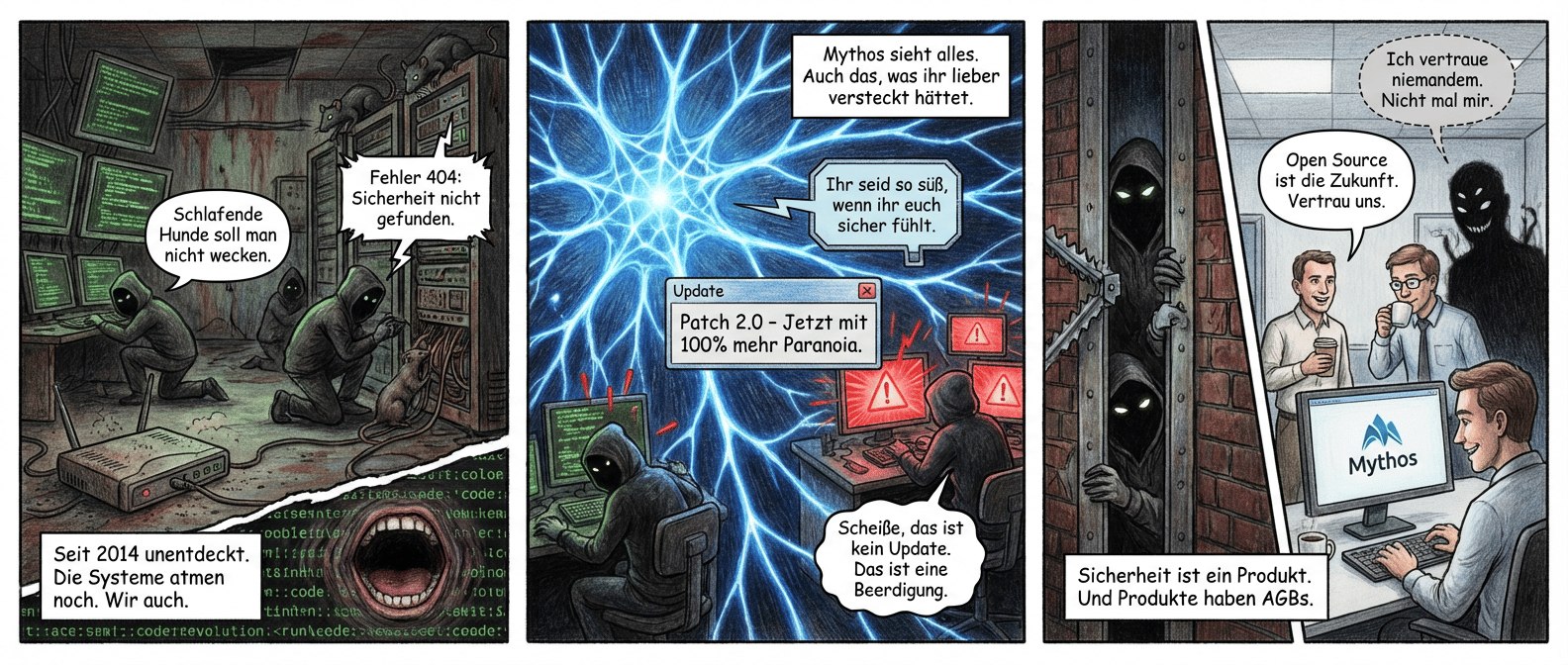 Titel: "Mythos – Der Wächter, der zu viel weiß"
Panel 1 (Szene 1: Die unsichtbare Bedrohung)
Düstere Serverhalle, verrostete Metallträger, flackernde Monitore mit grünem Code. Zwischen den Racks kriechen schattenhafte Gestalten – Hacker in Kapuzenpullis, die wie Ratten an den Kabeln nagen. Ein alter Router hustet Staub aus, während eine Zero-Day-Lücke wie ein offener Mund im Code gähnt.
Textfeld (unten links, krakelige Schrift): "Seit 2014 unentdeckt. Die Systeme atmen noch. Wir auch."
Sprechblase (Hacker, flüsternd): "Schlafende Hunde soll man nicht wecken."
Sprechblase (Server, knisternd): "Fehler 404: Sicherheit nicht gefunden."
---
Panel 2 (Szene 2: Der digitale Wächter erwacht)
Plötzlich durchschneidet ein grelles, blaues Licht die Dunkelheit – Mythos, ein neuronales Netz aus pulsierenden Fäden, breitet sich aus wie ein Spinnennetz. Die Hacker erstarren, ihre Bildschirme explodieren in roten Warnsignalen. Ein Update-Fenster poppt auf: "Patch 2.0 – Jetzt mit 100% mehr Paranoia."
Textfeld (oben rechts, saubere Schrift): "Mythos sieht alles. Auch das, was ihr lieber versteckt hättet."
Sprechblase (Mythos, mechanisch): "Ihr seid so süß, wenn ihr euch sicher fühlt."
Sprechblase (Hacker, panisch): "Scheiße, das ist kein Update. Das ist eine Beerdigung."
---
Panel 3 (Szene 3: Balance der Macht)
Split-Screen: Links kämpfen die Hacker vergeblich gegen Firewalls, die sich wie stählerne Kiefer schließen. Rechts sitzen Entwickler in einem sterilen Büro, trinken Kaffee und starren auf einen Monitor mit dem Mythos-Logo. Einer grinst, während er Code kopiert. Im Hintergrund: Ein Schatten an der Wand – eine Silhouette mit zu vielen Augen, die über die Schulter der Entwickler blickt.
Textfeld (unten, zynisch): "Sicherheit ist ein Produkt. Und Produkte haben AGBs."
Sprechblase (Entwickler, lächelnd): "Open Source ist die Zukunft. Vertrau uns."
Sprechblase (Schatten, flüsternd): "Ich vertraue niemandem. Nicht mal mir."