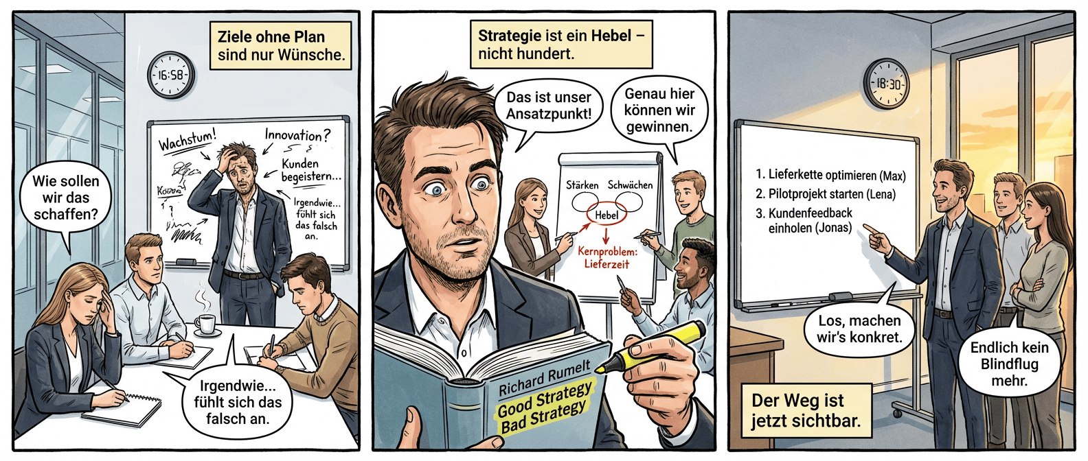Titel: „Der Hebel“ – Eine Graphic Novel über klare Strategien
Panel 1 (Szene 1 – Überforderung)
Bild: Ein moderner Büroflur mit Glaswänden. Der Manager (dunkler Anzug, leicht zerzauste Haare) steht vor einem Whiteboard, auf dem chaotisch beschriftete Zettel kleben: „Wachstum!“, „Innovation?“, „Kunden begeistern…“. Sein Team (drei attraktive Personen, diverse Outfits) sitzt um einen Tisch, die Hände im Haar oder auf leeren Notizblöcken. Die Uhr an der Wand zeigt 16:58. Ein halbvoller Kaffeebecher dampft vergessen neben dem Manager.
Textfeld (oben rechts): „Ziele ohne Plan sind nur Wünsche.“
Sprechblase Manager (leise, zu sich): „Wie sollen wir das schaffen?“
Sprechblase Teammitglied (zögernd): „Irgendwie… fühlt sich das falsch an.“
---
Panel 2 (Szene 2 – Erkenntnis)
Bild: Nahaufnahme des Managers, der in Richard Rumelts Buch „Good Strategy Bad Strategy“ liest. Seine Augen weiten sich, während er mit einem gelben Textmarker eine Passage unterstreicht. Im Hintergrund skizziert das Team an einem Flipchart: Ein einfaches Diagramm mit drei Kreisen („Stärken“, „Schwächen“, „Hebel“) und einem roten Pfeil, der auf „Kernproblem: Lieferzeit“ zeigt. Ein Teammitglied hält einen Stift hoch, lächelt.
Textfeld (Mitte oben): „Strategie ist ein Hebel – nicht hundert.“
Sprechblase Manager (entschlossen): „Das ist unser Ansatzpunkt!“
Sprechblase Teammitglied (begeistert): „Genau hier können wir gewinnen.“
---
Panel 3 (Szene 3 – Fokus)
Bild: Das Team steht vor einem neuen Whiteboard. Die alten Zettel sind verschwunden, ersetzt durch eine klare Roadmap: „1. Lieferkette optimieren (Max)“, „2. Pilotprojekt starten (Lena)“, „3. Kundenfeedback einholen (Jonas)“. Der Manager zeigt auf den Zeitplan, das Team nickt synchron. Durch die Fenster fällt goldenes Abendlicht, die Uhr zeigt 18:30 – aber die Stimmung ist leicht, fast euphorisch.
Textfeld (unten links): „Der Weg ist jetzt sichtbar.“
Sprechblase Manager (lächelnd): „Los, machen wir’s konkret.“
Sprechblase Teammitglied (grinsend): „Endlich kein Blindflug mehr.“