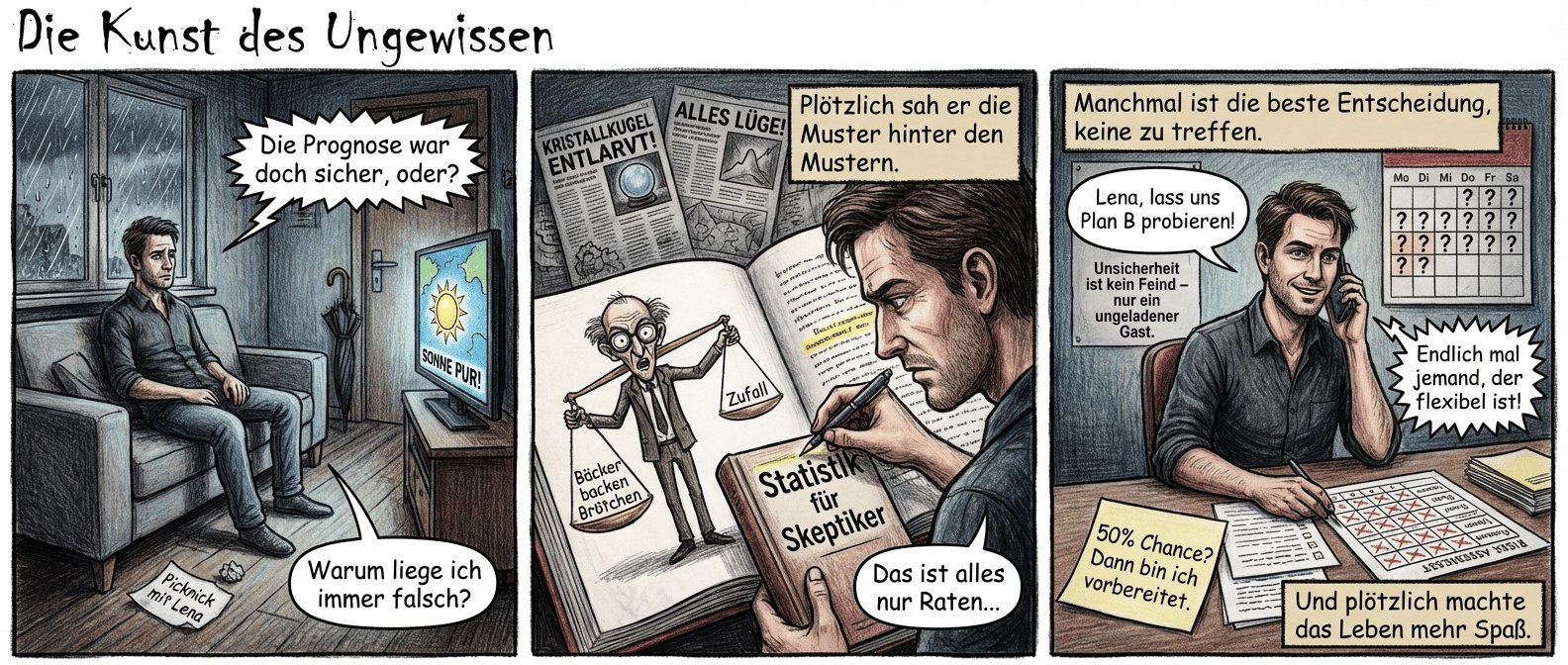 **Titel: "Die Kunst des Ungewissen"**
**Panel 1 (Szene 1 – Der Glaube an die Kristallkugel)**
Ein gutaussehender Mann Mitte 30, lässig gekleidet, sitzt auf einer modernen Couch. Sein Blick ist starr auf den Fernseher gerichtet, wo eine Wetterkarte strahlenden Sonnenschein verspricht. Draußen prasselt Regen gegen die Scheibe, ein zerknüllter Zettel mit „Picknick mit Lena“ liegt auf dem Boden. Sein Regenschirm steht unbenutzt neben der Tür. Sein Gesicht zeigt Enttäuschung.
Textfeld: *Die Prognose war doch sicher, oder?*
Sprechblase (Mann, leise): Warum liege ich immer falsch?
**Panel 2 (Szene 2 – Die Entlarvung der Täuschung)**
Derselbe Mann blättert in einem Buch mit dem Titel „Statistik für Skeptiker“. Eine Karikatur springt ihm ins Auge: Ein schlaksiger Statistiker mit übergroßer Brille hält eine Waage, auf der „Bäcker backen Brötchen“ gegen „Zufall“ wiegt. Die Waage kippt absurd. Der Mann kneift die Augen zusammen, sein Stift unterstreicht kritisch eine Passage. Im Hintergrund hängen Zeitungsausschnitte mit reißerischen Schlagzeilen.
Textfeld: *Plötzlich sah er die Muster hinter den Mustern.*
Sprechblase (Mann, nachdenklich): Das ist alles nur Raten…
**Panel 3 (Szene 3 – Die neue Klarheit)**
Der Mann sitzt an einem aufgeräumten Schreibtisch, umgeben von Notizen. Eine Tabelle zeigt Risikobewertungen, durchgestrichene Prognosen liegen daneben. Er lächelt, greift zum Telefon und wählt eine Nummer. Auf einem Zettel steht: „50% Chance? Dann bin ich vorbereitet.“ Im Hintergrund ein Kalender mit Fragezeichen statt fester Termine.
Textfeld: *Manchmal ist die beste Entscheidung, keine zu treffen.*
Sprechblase (Mann, selbstbewusst): Lena, lass uns Plan B probieren!
Sprechblase (Lena, am Telefon, lachend): Endlich mal jemand, der flexibel ist!