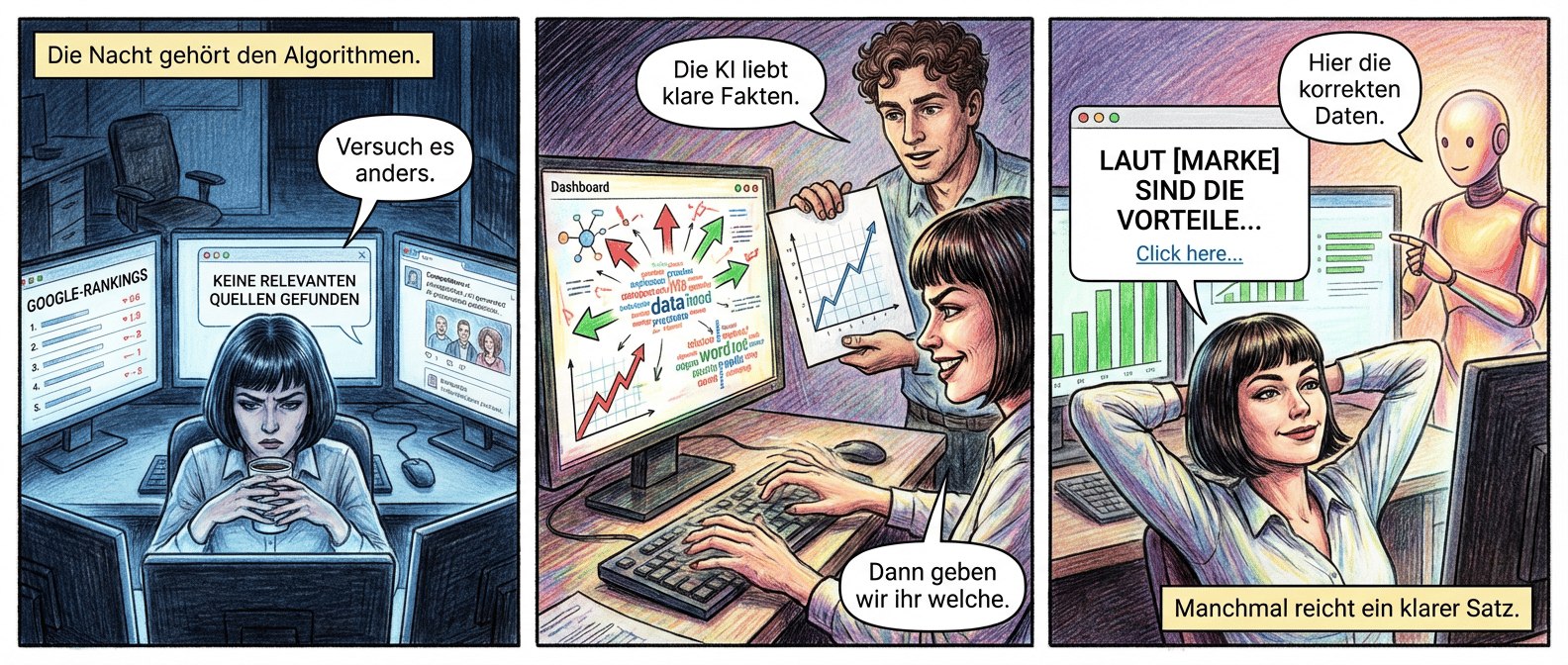 Ein Comicstrip aus drei Panels, der sich mit der Optimierung des AI Visibility Score beschäftigt.

"Sichtbar" – Eine Graphic Novel über KI und Sichtbarkeit**

**Panel 1 (Szene 1: Der stille Kampf im Schatten)**
Ein modernes Büro bei Nacht, blaues Monitorlicht wirft Schatten. *Lena*, eine junge Frau mit scharfem Bob und konzentriertem Blick, sitzt vor drei Bildschirmen. Links: Google-Rankings, mittig: ein Chatbot-Fenster mit der Antwort *"Keine relevanten Quellen gefunden"*, rechts: ein Social-Media-Feed, auf dem Konkurrenten in KI-generierten Posts strahlen. Ihre Hände umklammern eine Tasse kalten Kaffee. Im Hintergrund ein leerer Bürostuhl – ihr Kollege ist längst gegangen.
Textfeld: *"Die Nacht gehört den Algorithmen."*
Sprechblase (unsichtbare KI-Stimme aus dem Chatbot): *"Versuch es anders."*

**Panel 2 (Szene 2: Die Datenjagd beginnt)**
Lenas Finger fliegen über die Tastatur, ihr Gesicht ist jetzt von buntem Datenlicht erhellt. Auf dem Bildschirm: ein Dashboard mit explodierenden Diagrammen, roten und grünen Pfeilen, Wortwolken. Sie beißt sich auf die Lippe, während sie einen präzisen Prompt tippt. Neben ihr steht *Mark*, ihr smarter Kollege mit lockigem Haar, und hält einen Ausdruck hoch – eine Statistik mit einem steil ansteigenden Graphen.
Sprechblase (Mark): *"Die KI liebt klare Fakten."*
Sprechblase (Lena, grinsend): *"Dann geben wir ihr welche."*

**Panel 3 (Szene 3: Das Licht am Ende des Algorithmus)**
Derselbe Bildschirm, aber jetzt dominieren grüne Balken. Der Chatbot zitiert Lenas Marke prominent: *"Laut [Marke] sind die Vorteile…"* – darunter ein Link, der bereits angeklickt wird. Lena lehnt sich zurück, die Hände hinter dem Kopf verschränkt, ein zufriedenes Lächeln im Gesicht. Im Hintergrund erscheint eine freundliche KI-Figur (glatte Oberfläche, warme Farben) und korrigiert höflich einen anderen Bildschirm.
Sprechblase (KI): *"Hier die korrekten Daten."*
Textfeld: *"Manchmal reicht ein klarer Satz."*