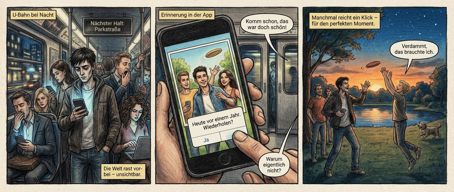 **Panel 1 (U-Bahn bei Nacht)**
Dicht gedrängte Menschen in einem U-Bahn-Waggon, alle mit gesenkten Köpfen, Gesichter bläulich vom Handylicht erhellt. Der junge Mann (dunkle Haare, lässige Jacke) scrollt mechanisch, während draußen die Lichter der Stadt verschwommen vorbeiziehen. Ein müder Pendler gähnt, eine Frau mit Locken tippt konzentriert. Im Hintergrund ein Schild: "Nächster Halt: Parkstraße".
*Textfeld (unten rechts):* "Die Welt rast vorbei – unsichtbar."
**Panel 2 (Erinnerung in der App)**
Nahaufnahme des Handys: Die Bond-App zeigt ein Foto – der junge Mann mit drei Freunden (zwei Männer, eine Frau, alle strahlend) im Park, lachend, ein Frisbee in der Luft. Ein KI-Popup fragt: "Heute vor einem Jahr. Wiederholen?" Der junge Mann blickt auf, sein Daumen schwebt über dem "Ja"-Button. Im Hintergrund die U-Bahn-Türen öffnen sich.
*Sprechblase (Freundin auf dem Foto):* "Komm schon, das war doch schön!"
*Sprechblase (junger Mann, leise):* "Warum eigentlich nicht?"
**Panel 3 (Park bei Sonnenuntergang)**
Der Park in warmen Orange- und Blautönen: Der junge Mann steht zwischen seinen Freunden, sie werfen ein Frisbee, lachen, das Gras unter ihren Füßen ist golden. Einer der Freunde (kurze blonde Haare) springt hoch, um den Diskus zu fangen. Die Handys stecken in ihren Taschen, vergessen. Über ihnen ein klarer Sternenhimmel, der sich im See spiegelt. Ein Hund tollt im Hintergrund.
*Textfeld (oben links):* "Manchmal reicht ein Klick – für den perfekten Moment."
*Sprechblase (junger Mann, lächelnd):* "Verdammt, das brauchte ich."