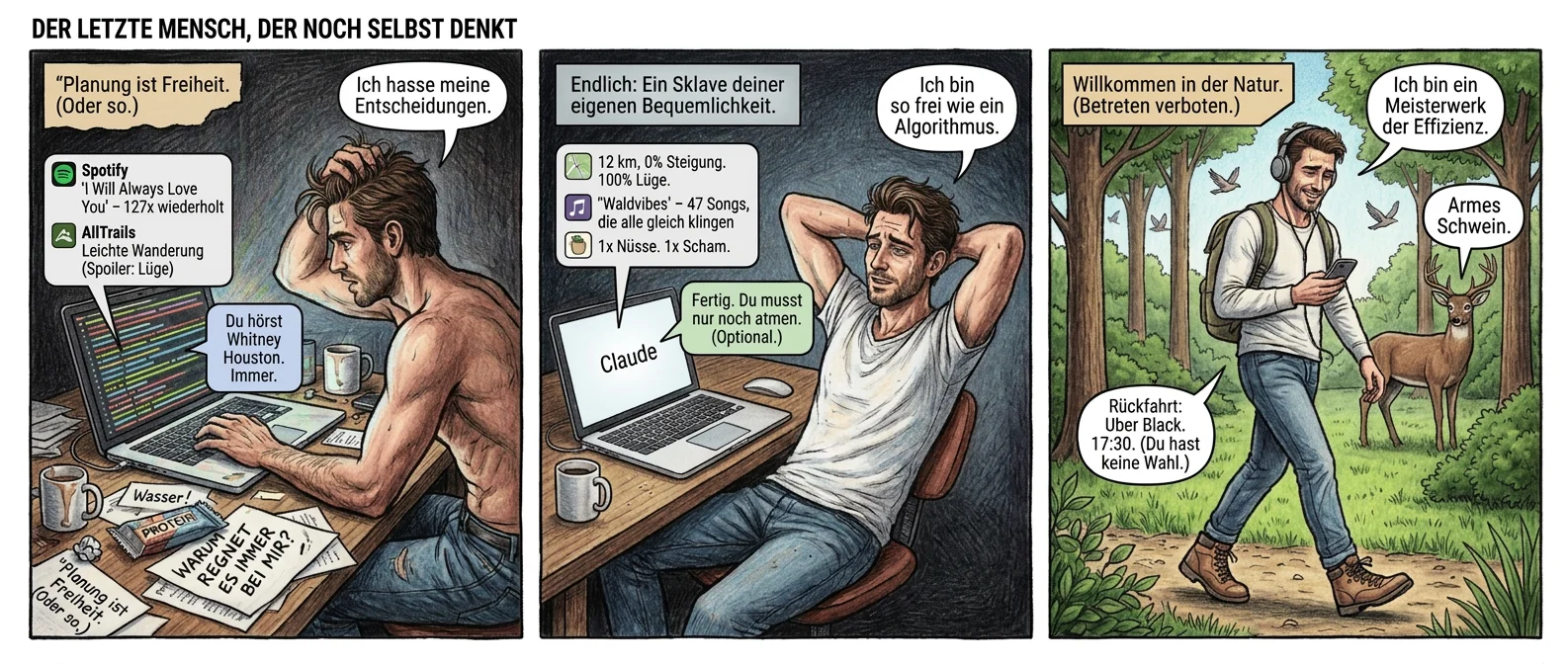 **Titel: "Der letzte Mensch, der noch selbst denkt"**
**Panel 1 (Szene 1 – Das digitale Chaos)**
Ein makelloser Mann Mitte 30, Designerjeans, perfekt gestyltes Haar, starrt mit blutunterlaufenen Augen auf seinen Laptop. Um ihn herum: ein Wirrwarr aus Zetteln ("Wasser!", "Kopfhörer?", "WARUM REGNET ES IMMER BEI MIR?"), halbvolle Kaffeetassen, ein zerknülltes Proteinriegel-Papier. Auf dem Bildschirm flackern drei Apps: Spotify (Song: *"I Will Always Love You" – 127x wiederholt*), AllTrails (Route: "Leichte Wanderung (Spoiler: Lüge)"), Instacart ("1x Hummus. 1x Existenzkrise."). Seine Hand krallt sich in die Haare.
Textfeld (schräg, wie ein zerrissener Zettel): *"Planung ist Freiheit. (Oder so.)"*
Sprechblase (Mann, verzweifelt): *"Ich hasse meine Entscheidungen."*
Sprechblase (Spotify-Popup): *"Du hörst Whitney Houston. Immer."*
---
**Panel 2 (Szene 2 – Die Erlösung)**
Derselbe Mann, jetzt leicht verschwitzt, tippt mit zitternden Fingern in Claude. Der Bildschirm zeigt eine glatte Oberfläche: Eine Karte mit einer Wanderroute ("12 km. 0% Steigung. 100% Lüge."), eine Spotify-Playlist ("'Waldvibes' – 47 Songs, die alle gleich klingen"), eine Instacart-Bestellung ("1x Nüsse. 1x Scham."). Claude antwortet in sanfter KI-Schrift: *"Fertig. Du musst nur noch atmen. (Optional.)"*
Der Mann lehnt sich zurück, die Hände hinter dem Kopf. Sein Gesicht ist eine Mischung aus Erleichterung und leiser Trauer. Im Hintergrund fällt ein Zettel vom Tisch: *"Wann hast du das letzte Mal etwas *wirklich* selbst entschieden?"*
Textfeld (glatt, wie ein Werbeprospekt): *"Endlich: Ein Sklave deiner eigenen Bequemlichkeit."*
Sprechblase (Mann, flüsternd): *"Ich bin so frei wie ein Algorithmus."*
Sprechblase (Claude, freundlich): *"Gern geschehen. Schlaf jetzt."*
---
**Panel 3 (Szene 3 – Die Illusion von Kontrolle)**
Der Mann wandert durch einen perfekt inszenierten Wald – Bäume wie aus einem Kalender, Vögel synchronisiert, kein Müll, kein Gestrüpp. Er trägt teure Wanderstiefel (ungetragen), einen Rucksack (leicht, weil Claude nur virtuelle Snacks bestellt hat). Seine Kopfhörer spielen die "Waldvibes"-Playlist. Auf dem Handy leuchtet eine Benachrichtigung: *"Rückfahrt: Uber Black. 17:30. (Du hast keine Wahl.)"*
Sein Lächeln ist das eines Mannes, der gerade gemerkt hat, dass er nie wieder nachdenken muss – und es gleichzeitig hasst. Im Hintergrund: Ein Reh beobachtet ihn mit der gleichen leeren Faszination wie er seinen Laptop.
Textfeld (wie ein Wanderweg-Schild): *"Willkommen in der Natur. (Betreten verboten.)"*
Sprechblase (Mann, glücklich-gequält): *"Ich bin ein Meisterwerk der Effizienz."*
Sprechblase (Reh, trocken): *"Armes Schwein."*