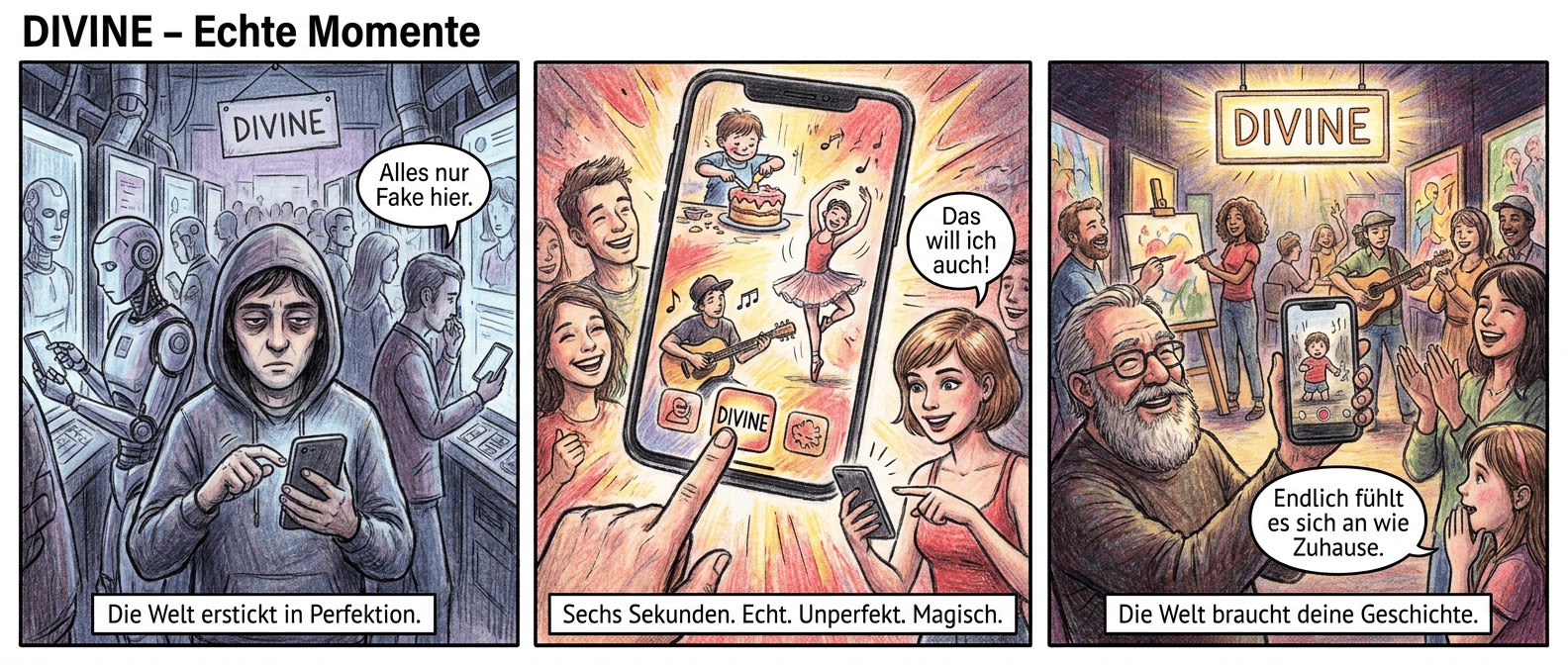 **Panel 1 (Szene 1 – Der leere Algorithmus)**
Ein greller, überfüllter digitaler Marktplatz. Glatte, perfekte Avatare scrollen mechanisch durch endlose KI-Clips – makellose Gesichter, aber ohne Leben. Im Hintergrund hängt ein kleines, unscheinbares Schild mit der Aufschrift „DIVINE“. Ein müder Nutzer mit dunklen Augenringen wischt gelangweilt über den Bildschirm. Ein anderer flüstert: „Alles nur Fake hier.“
*Textfeld:* „Die Welt erstickt in Perfektion.“
**Panel 2 (Szene 2 – Der erste Klick)**
Der Nutzer tippt zögernd auf „DIVINE“. Plötzlich explodiert der Bildschirm in Farbe – handgezeichnete, lebendige Videos: ein Kind, das lachend einen Kuchen verziert, eine Tänzerin, die stolpert und lacht, ein Musiker, der eine Melodie summt. Die Gesichter der Umstehenden hellen sich auf. Eine junge Frau greift zum Handy und sagt: „Das will ich auch!“
*Textfeld:* „Sechs Sekunden. Echt. Unperfekt. Magisch.“
**Panel 3 (Szene 3 – Die neue Ecke)**
Der Marktplatz hat sich verwandelt. Zwischen den kalten Algorithmen-Alleen blüht eine bunte Ecke auf: Menschen lachen, teilen echte Momente, malen, musizieren, erzählen. Ein älterer Mann zeigt stolz ein verwackeltes Video seines Enkels. Eine Gruppe klatscht Beifall. Über ihnen leuchtet das „DIVINE“-Schild wie ein Leuchtturm. Ein Mädchen flüstert: „Endlich fühlt es sich an wie Zuhause.“
*Textfeld:* „Die Welt braucht deine Geschichte.“