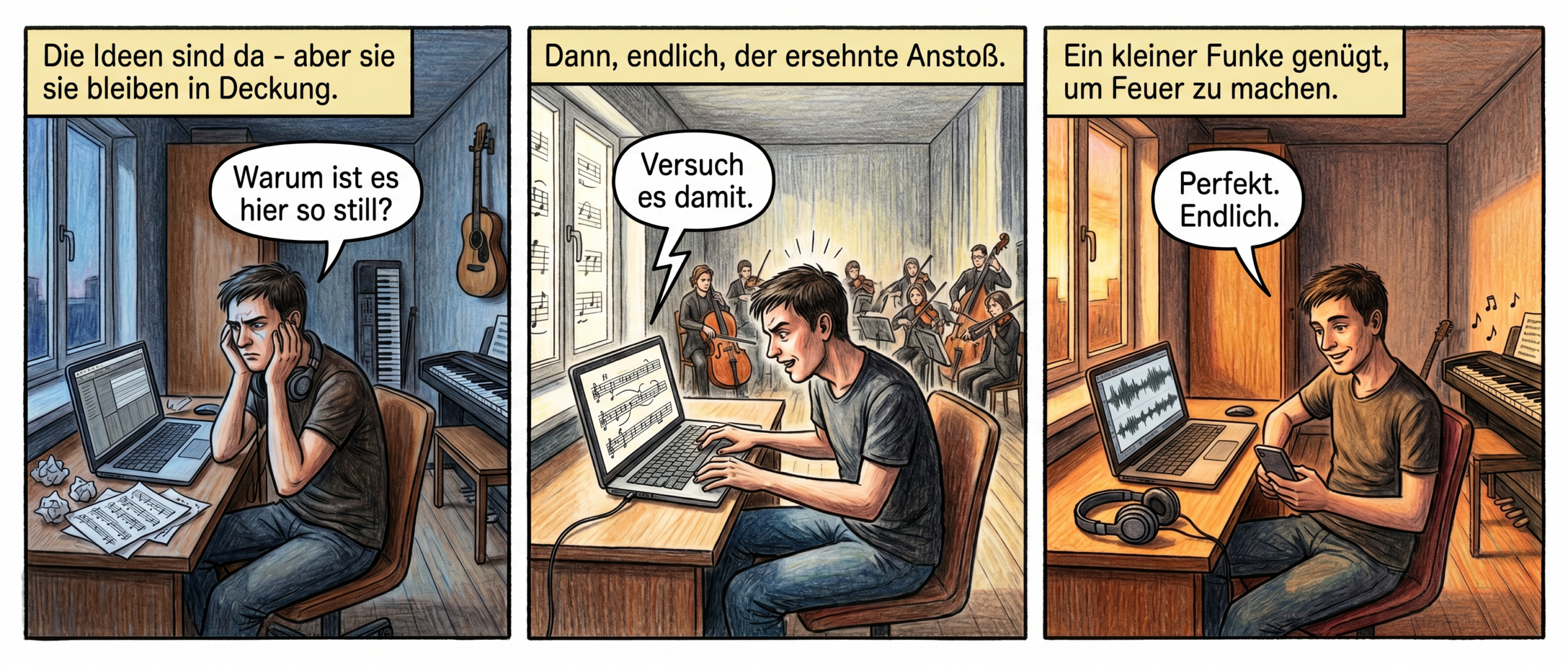 Titel: "Der Funke" – Eine Graphic Novel in drei Panels
Panel 1 (Szene 1: Der leere Raum)
Bild: Ein schmaler, moderner Raum mit warmen Holzmöbeln. Der Musiker, ein junger Mann mit kurzen dunklen Haaren und konzentriertem Blick, sitzt an einem kleinen Schreibtisch. Sein Laptop zeigt eine leere Musiksoftware, Notenblätter liegen zerknittert daneben. Die Kopfhörer hängen schlaff um seinen Hals, die Hände stützen den Kopf. Durch das Fenster fällt bläuliches Dämmerlicht. Im Hintergrund steht ein unberührtes Keyboard, daneben eine Gitarre an der Wand.
Textfeld: "Die Ideen sind da - aber sie bleiben in Deckung."
Sprechblase (Musiker, leise): "Warum ist es hier so still?"
---
Panel 2 (Szene 2: Der Klick)
Bild: Der Raum ist jetzt hell erleuchtet, als hätte jemand einen Schalter umgelegt. Der Musiker beugt sich vor, die Finger tanzen über die Tastatur. Auf dem Bildschirm entsteht in Echtzeit eine Partitur – eine sanfte Cellolinie windet sich zwischen anderen Instrumenten. Im Hintergrund scheint ein virtuelles Orchester zu spielen, als würde die Musik den Raum füllen. Sein Gesicht ist angespannt, aber die Augen leuchten vor Begeisterung.
Textfeld: "Dann, endlich, der ersehnte Anstoß."
Sprechblase (KI-Stimme, sanft): "Versuch es damit."
Sprechblase (Musiker, atemlos): "Das ist es!"
---
Panel 3 (Szene 3: Der Durchbruch)
Bild: Der Musiker lehnt sich zurück, ein Lächeln spielt um seine Lippen. Die Kopfhörer liegen neben ihm, die Komposition läuft auf dem Bildschirm – Wellenformen pulsieren im Takt. Durch das Fenster fällt goldenes Abendlicht, das den Raum in warmes Orange taucht. Er hält sein Handy in der Hand, bereit, die Datei zu teilen. Im Hintergrund wirkt das Keyboard jetzt lebendig, als hätte es gerade mitgespielt.
Textfeld: "Ein kleiner Funke genügt, um Feuer zu machen."
Sprechblase (Musiker, zufrieden): "Perfekt. Endlich."