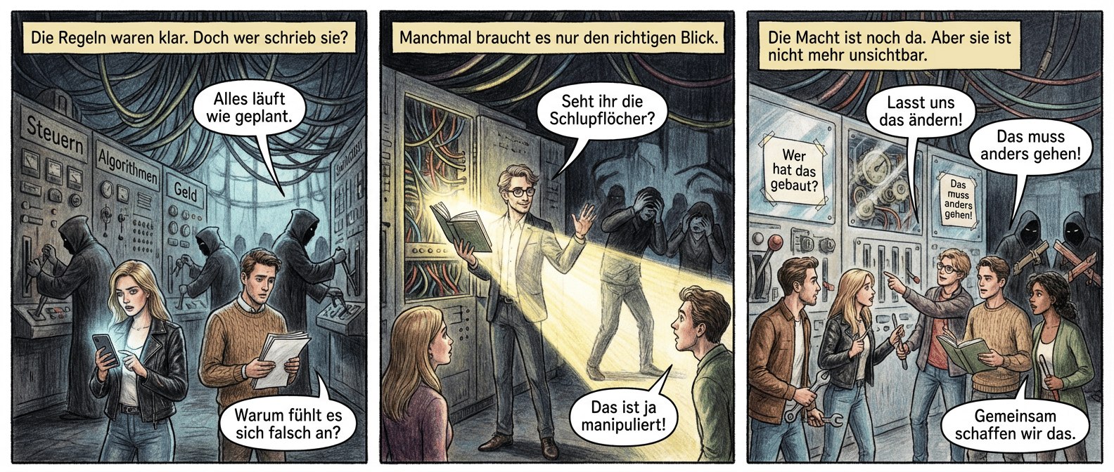 **Titel: "Die Schaltzentrale"**
**Panel 1 (Szene 1: So war es.)**
Ein großer, dunkler Raum voller glühender Kabel, die wie ein undurchdringliches Netz von der Decke hängen. Die Kabel verbinden riesige Schalttafeln mit Beschriftungen wie "Steuern", "Algorithmen" und "Geld". Im Vordergrund stehen attraktive, aber ratlose Menschen in Alltagskleidung – einige starren auf ihre Handys, andere auf Dokumente. Im Hintergrund ziehen undurchsichtige, schattenhafte Gestalten an Hebeln und Knöpfen. Ihre Gesichter sind nicht erkennbar, aber ihre Haltung ist selbstgefällig.
Textfeld: "Die Regeln waren klar. Doch wer schrieb sie?"
Sprechblase 1 (Schattenfigur): "Alles läuft wie geplant."
Sprechblase 2 (Bürger): "Warum fühlt es sich falsch an?"
---
**Panel 2 (Szene 2: Das geschah.)**
Bruce Schneier, ein schlanker Mann mit Brille und freundlichem Lächeln, steht vor der Schalttafel. In der Hand hält er ein Buch wie eine Taschenlampe, das Licht auf die Kabel wirft. Einige Kabel sind bereits freigelegt und zeigen verborgene Verbindungen. Die Schattenfiguren zucken zurück, als das Licht sie trifft. Einige Bürger treten neugierig näher, ihre Gesichter zeigen erste Erkenntnis.
Textfeld: "Manchmal braucht es nur den richtigen Blick."
Sprechblase 1 (Bruce): "Seht ihr die Schlupflöcher?"
Sprechblase 2 (Bürger): "Das ist ja manipuliert!"
---
**Panel 3 (Szene 3: So ist es jetzt.)**
Die Schaltzentrale wirkt heller, einige Paneele sind durchsichtig und zeigen die Mechanismen dahinter. Handgeschriebene Zettel kleben an den Schalttafeln: "Wer hat das gebaut?" und "Das muss anders gehen!". Die Bürger stehen in kleinen Gruppen zusammen, einige halten Werkzeuge, andere das Buch. Sie diskutieren lebhaft, zeigen auf die Kabel und Hebel. Die Schattenfiguren huschen in die Ecken, ihre Hebel sind blockiert oder unbrauchbar.
Textfeld: "Die Macht ist noch da. Aber sie ist nicht mehr unsichtbar."
Sprechblase 1 (Bürger): "Lasst uns das ändern!"
Sprechblase 2 (andere Bürger): "Gemeinsam schaffen wir das."