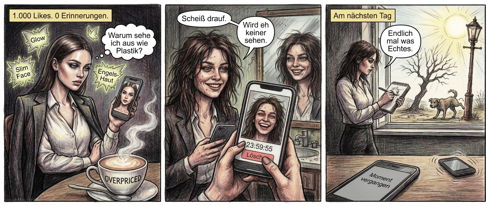 **Panel 1 (Szene 1 – Der Albtraum der Perfektion)**
Eine makellose Frau mit schimmernder Haut und Designer-Kleidung starrt auf ihr Handy. Ihr Gesicht ist eine Maske aus Erschöpfung, während sie ein Selfie betrachtet, das aussieht wie ein CGI-Model. Um sie herum schweben Filter-Icons wie giftige Schmetterlinge – „Glow“, „Slim Face“, „Angel Skin“. Im Hintergrund: ein überteuerter Latte Macchiato, der unberührt dampft. Ein Textfeld: *„1.000 Likes. 0 Erinnerungen.“* Eine Sprechblase (innerer Monolog): *„Warum sehe ich aus wie Plastik?“*
**Panel 2 (Szene 2 – Der kurze Moment der Wahrheit)**
Dieselbe Frau, jetzt mit zerzausten Haaren und einem echten, schiefen Grinsen, drückt auf „Instants“. Das Foto erscheint roh – Pickel, Augenringe, ein echtes Lachen. Die App zeigt eine 24-Stunden-Uhr, die rückwärts tickt. Ihr Daumen schwebt über dem „Löschen“-Button. Eine Sprechblase: *„Scheiß drauf.“* Dann: *„Wird eh keiner sehen.“* Im Hintergrund: ihr Spiegelbild, das sie angrinst, als hätte sie einen Witz verstanden.
**Panel 3 (Szene 3 – Die leere Freiheit)**
Am nächsten Tag. Ihr Sperrbildschirm zeigt eine graue Vorschau mit der Aufschrift *„Moment vergangen“*. Sie steht am Fenster, das Notizbuch in der Hand, und kritzelt wild. Draußen: ein schiefer Baum, ein Hund, der gegen eine Laterne pinkelt. Die Sonne brennt gnadenlos – keine Filter, keine Retusche. Eine Sprechblase (zu sich selbst): *„Endlich mal was Echtes.“* Dann, trocken: *„Auch wenn’s hässlich ist.“* Im Hintergrund: ihr Handy, das vibriert. Kein Blick.