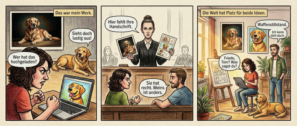 Panel 1 (Szene 1 – Wut und Stolz)
Großaufnahme der Fotografin Lena, Mitte 30, schulterlange dunkle Locken, markante Augenbrauen. Sie starrt wütend auf ihren Laptop, die Hände zu Fäusten geballt. Auf dem Bildschirm: ein bunter Comic-Hund mit frechem Grinsen, der ihr preisgekröntes Foto parodiert. Hinter ihr an der Wand hängt das Original – ein dramatisch beleuchtetes Porträt ihres Hundes Balu, das einen internationalen Fotopreis gewann. Balu, ein goldener Retriever, liegt entspannt auf dem Boden und beobachtet sie mit schräg gelegtem Kopf. Ein kleines Textfeld oben rechts: "Das war mein Werk."
Sprechblase Lena (scharf): "Wer hat das hochgeladen?"
Sprechblase Balu (verspielt): "Sieht doch lustig aus!"
---
Panel 2 (Szene 2 – Gerichtssaal, Klarheit)
Halbtotale: Richterin Meyer, eine schlanke Frau mit strengem Dutt, steht hinter ihrem Pult. In einer Hand hält sie Lenas Foto, in der anderen den ausgedruckten Comic. Mit einem Stift tippt sie auf den Comic-Hund, dann wischt sie mit dem Finger über die leere Fläche daneben – als würde sie unsichtbare Details wegwischen. Lena sitzt angespannt auf der Zuschauerbank, ihr Ex-Partner Tom, ein lässiger Typ mit Dreitagebart, lehnt neben ihr und wirkt gelassen. Im Hintergrund: eine Skizze des Gerichts, die Richterin als zentrale Figur.
Sprechblase Richterin (bestimmt): "Hier fehlt Ihre Handschrift."
Sprechblase Tom (flüsternd): "Sie hat recht. Meins ist anders."
---
Panel 3 (Szene 3 – Neuanfang)
Weite Einstellung von Lenas Atelier: warmes Licht, Pflanzen, eine Staffelei mit einem halb fertigen Comic. Lena sitzt auf einem Hocker und zeichnet auf einem Tablett, Balu liegt neben ihr und beobachtet sie. Tom steht hinter ihr, die Hände in den Taschen, und lächelt. An der Wand hängen jetzt beide Werke – links das preisgekrönte Foto, rechts der Comic-Hund, der Balu jetzt stolz und nicht mehr frech darstellt. Ein Textfeld oben links: "Die Welt hat Platz für beide Ideen."
Sprechblase Lena (leise): "Friede?"
Sprechblase Tom (lächelnd): "Waffenstillstand. Ich kenn dich doch."