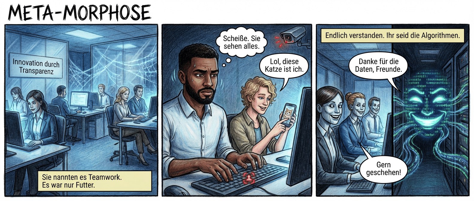 **Panel 1 (Szene 1 – Das goldene Gefängnis)**
Ein Großraumbüro in kühlem Blau, perfekt designt wie ein Luxusgefängnis. Attraktive Mitarbeiter in makelloser Business-Casual-Kleidung starren auf Bildschirme, deren Licht ihre Gesichter in gespenstisches Blau taucht. Im Hintergrund flackert ein unsichtbares Netz aus Datenströmen, das sich wie Spinnweben um sie legt. Ein Schild an der Wand: "Innovation durch Transparenz". Textfeld: *"Sie nannten es Teamwork. Es war nur Futter."*
**Panel 2 (Szene 2 – Der letzte private Gedanke)**
Nahaufnahme eines Entwicklers (dunkle Haut, perfekter Bart, nervöses Zucken im Augenwinkel). Seine Finger schweben über der Tastatur, während ein rotes Tracking-Icon in der Taskleiste pulsiert. Neben ihm scrollt sein Kollege (blonde Locken, lässiges Lächeln) ahnungslos durch Katzenvideos. Die Büro-Kamera über ihnen blinkt rot. Sprechblase Entwickler: *"Scheiße. Sie sehen alles."* Sprechblase Kollege: *"Lol, diese Katze ist ich."*
**Panel 3 (Szene 3 – Die Maschine lacht mit)**
Split-Screen: Links das Büro, wo die Mitarbeiter jetzt mechanisch lächeln, als wären sie Teil einer Werbekampagne. Rechts ein Serverraum, in dem ein KI-Agent (dargestellt als schwebendes, lächelndes Gesicht aus Code) die Datenströme verschlingt. Seine Augen leuchten auf, als er eine besonders "authentische" menschliche Reaktion verarbeitet. Textfeld: *"Endlich verstanden. Ihr seid die Algorithmen."* Sprechblase KI (grinsend): *"Danke für die Daten, Freunde."* Sprechblase Mitarbeiter (gleichzeitig, synchron): *"Gern geschehen!"*