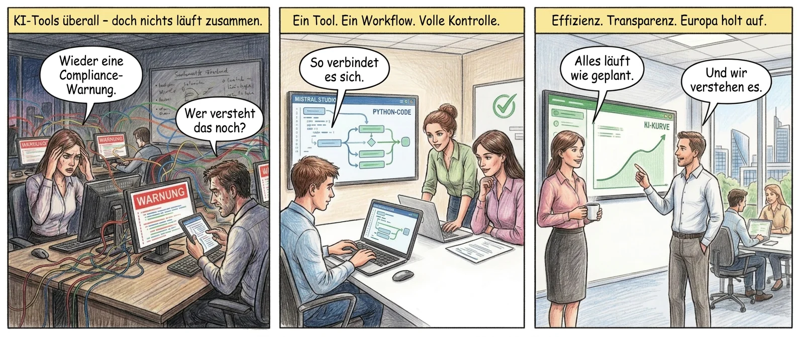 **Panel 1 (Szene 1 – Das Chaos)**
*Bild:* Großraumbüro, Abendlicht fällt durch große Fenster. Drei attraktive Mitarbeiter (zwei Frauen, ein Mann, Mitte 30) starren auf überladene Monitore. Rote Warnmeldungen blitzen auf, Datenströme verlaufen wirr wie ein Labyrinth. Eine Frau hält sich die Schläfen, der Mann scrollt verzweifelt. Im Hintergrund ein Whiteboard mit unleserlichen Skizzen.
*Textfeld:* "KI-Tools überall – doch nichts läuft zusammen."
*Sprechblase 1 (Frau, genervt):* "Wieder eine Compliance-Warnung."
*Sprechblase 2 (Mann, seufzend):* "Wer versteht das noch?"
---
**Panel 2 (Szene 2 – Die Lösung)**
*Bild:* Kleines Entwicklerteam (gleiche Personen plus ein junger Mann mit Laptop) in einem hellen Besprechungsraum. Der junge Entwickler tippt konzentriert in Mistral Studio, Python-Code fließt als saubere Flussdiagramm-Animation über den Bildschirm. Die Kollegin beugt sich vor, nickt zustimmend. Im Hintergrund ein freigegebenes Häkchen-Symbol.
*Textfeld:* "Ein Tool. Ein Workflow. Volle Kontrolle."
*Sprechblase 1 (Entwickler, lächelnd):* "So verbindet es sich."
*Sprechblase 2 (Kollegin, erleichtert):* "Endlich durchblick!"
---
**Panel 3 (Szene 3 – Der Erfolg)**
*Bild:* Morgenstimmung im Büro. Die drei Hauptfiguren stehen vor einem großen Monitor mit grünem Dashboard – klare Datenflüsse, keine Warnungen. Die Frau aus Panel 1 hält eine Tasse Kaffee, der Mann zeigt auf eine stabile KI-Kurve. Im Hintergrund arbeiten Kollegen entspannt. Durchs Fenster sieht man eine europäische Stadt mit moderner Architektur.
*Textfeld:* "Effizienz. Transparenz. Europa holt auf."
*Sprechblase 1 (Frau, stolz):* "Alles läuft wie geplant."
*Sprechblase 2 (Mann, zufrieden):* "Und wir verstehen es."