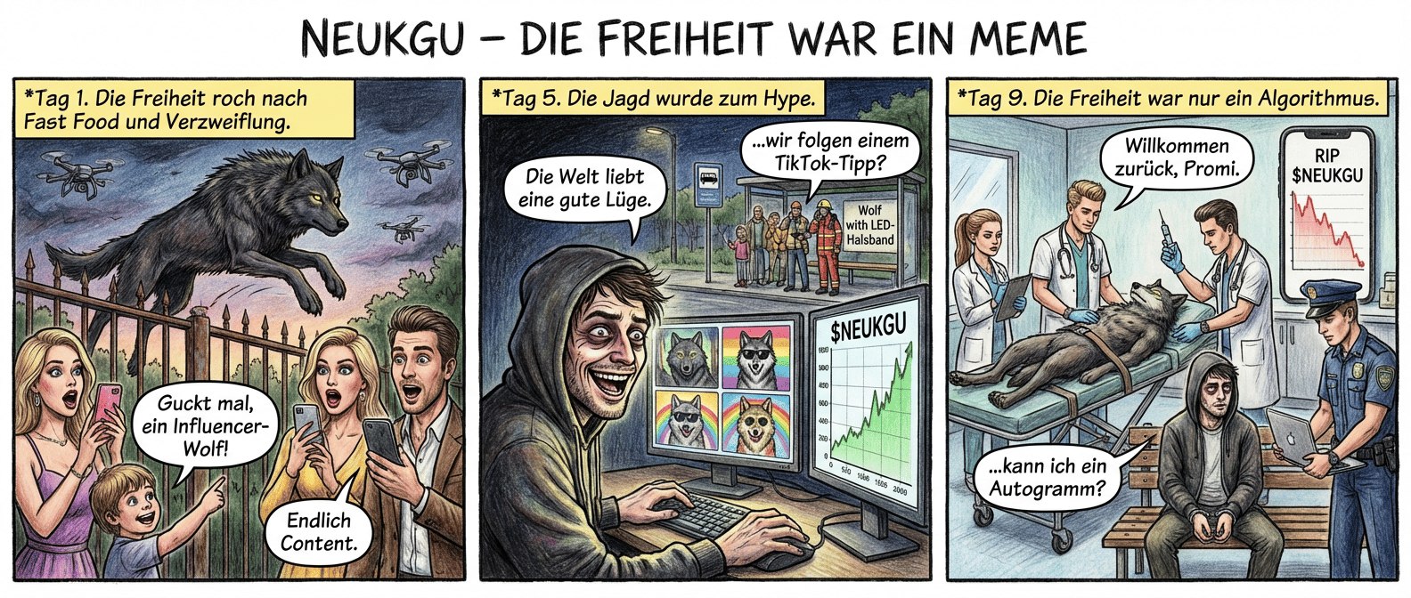 Titel: NEUKGU – DIE FREIHEIT WAR EIN MEME
Panel 1 (Dämmerung, dramatische Perspektive von unten)
Ein schattenhafter, muskulöser Wolf – Neukgu – springt elegant über einen rostigen Zoozaun. Seine Augen leuchten gelb im Gegenlicht. Im Hintergrund starren drei perfekt gestylte Zoobesucher (zwei Frauen, ein Mann) mit aufgerissenen Mündern, Handys gezückt. Ein Kind zeigt mit manikürtem Finger auf ihn. Drohnen kreisen bereits am Horizont wie mechanische Geier.
Textfeld: Tag 1. Die Freiheit roch nach Fast Food und Verzweiflung.
Sprechblase (Kind): Guckt mal, ein Influencer-Wolf!
Sprechblase (Mann, ironisch): Endlich Content.
Panel 2 (Nacht, grelles Laptoplicht auf verzerrtem Gesicht)
Ein attraktiver, aber leicht verlebter Hacker (dunkle Augenringe, Designer-Hoodie) lacht hysterisch vor seinem Bildschirm. Auf dem Monitor flackern KI-generierte Wolfsbilder – mal mit Sonnenbrille, mal vor einem Regenbogen. Daneben: ein Chart der Memecoin „$NEUKGU“, die gerade durch die Decke geht. Im Hintergrund hängt ein Rettungsteam an einer Bushaltestelle fest, weil sie einem „Wolf mit LED-Halsband“ folgen.
Textfeld: Tag 5. Die Jagd wurde zum Hype.
Sprechblase (Hacker, grinsend): Die Welt liebt eine gute Lüge.
Sprechblase (Rettungskraft, ins Funkgerät): …wir folgen einem TikTok-Tipp?
Panel 3 (Morgengrauen, klinisch kaltes Zoo-Interieur)
Neukgu liegt betäubt auf einer Trage, umgeben von zwei Tierärzten mit makellosen Frisuren und teuren Uhren. Einer hält eine Spritze wie einen Oscar. Im Hintergrund: ein Handybildschirm mit der kollabierten Memecoin-Kurve („RIP $NEUKGU“). Der Hacker sitzt in Handschellen auf einer Bank, sein Laptop wird gerade von einem Polizisten mit Modelgesicht konfisziert. Neukgu öffnet ein Auge – sein Blick trifft den des Hackers. Ein kurzes, zynisches Funkeln.
Textfeld: Tag 9. Die Freiheit war nur ein Algorithmus.
Sprechblase (Tierarzt, trocken): Willkommen zurück, Promi.
Sprechblase (Hacker, flüsternd): …kann ich ein Autogramm?