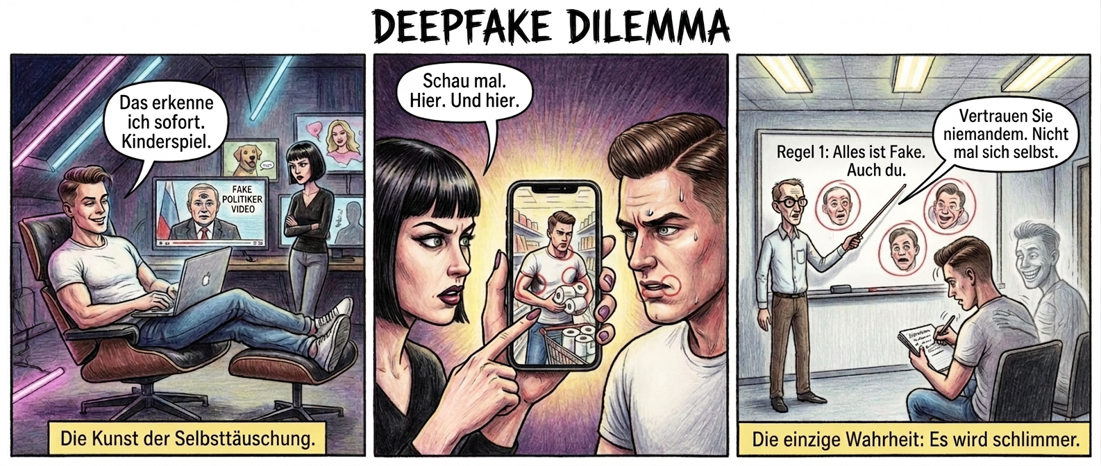 **Titel: "Deepfake Dilemma"**
**Panel 1 (Szene 1 – Selbstüberschätzung)**
*Ein loftartiger Raum mit schrägen Neonlichtern. Der junge Mann, muskulös und mit perfektem Seitenscheitel, lehnt lässig auf einem Designerstuhl. Sein Laptop zeigt ein offensichtlich gefaktes Video: Ein Politiker mit drei Augen. Seine Freundin, schlank mit scharfem Bob, beobachtet ihn skeptisch. Im Hintergrund flackern weitere dubiose Clips – ein sprechender Hund, ein schwebender Promi.*
**Sprechblase (Mann):** "Das erkenne ich sofort. Kinderspiel."
**Textfeld:** "Die Kunst der Selbsttäuschung."
**Panel 2 (Szene 2 – Ernüchterung)**
*Die Freundin hält ihr Handy hoch. Das Video zeigt einen vermeintlich echten Skandal – der Mann aus Panel 1, wie er in einem Supermarkt Klopapier klaut. Seine Augen verengen sich. Die Kamera zoomt auf sein Gesicht, während die Freundin mit manikürtem Finger auf den Bildschirm tippt. Plötzlich: Die Schatten unter seinen Achseln fließen falsch, die Lippen bewegen sich wie bei einer schlecht synchronisierten Puppe.*
**Sprechblase (Mann):** "Echt. Hundert Prozent."
**Sprechblase (Freundin):** "Schau mal. Hier. Und hier."
**Panel 3 (Szene 3 – Demut vor der Maschine)**
*Ein steriler Seminarraum. Der Experte, ein schlaksiger Typ mit Hornbrille, deutet auf ein Whiteboard voller roter Kreise um verzerrte Gesichter. Der Mann sitzt in der ersten Reihe, ein Notizbuch auf dem Schoß, und kritzelt wie besessen. Sein früheres Ich aus Panel 1 erscheint als geisterhafte Silhouette hinter ihm – grinsend, dann verblassend. Auf dem Whiteboard steht: "Regel 1: Alles ist Fake. Auch du."*
**Sprechblase (Experte):** "Vertrauen Sie niemandem. Nicht mal sich selbst."
**Textfeld:** "Die einzige Wahrheit: Es wird schlimmer."