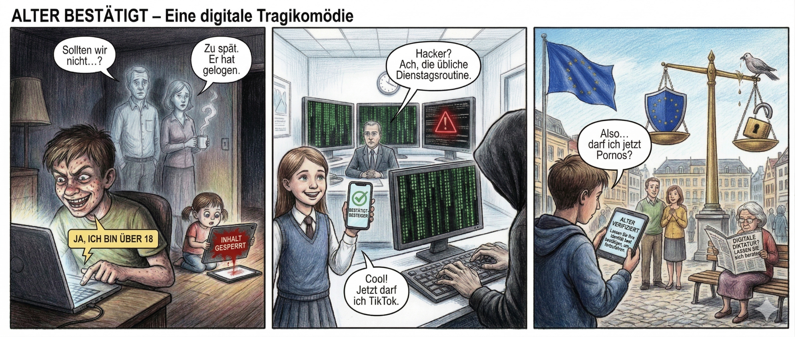Titel: "Alter bestätigt – Eine digitale Tragikomödie"
Panel 1 (Szene 1 – Die Lüge)
Düstere Wohnzimmeratmosphäre. Ein pickliger Teenager sitzt vor einem Laptop, dessen grelles Licht sein grinsendes Gesicht halb beleuchtet. Er klickt mit übertriebener Geste auf "Ja, ich bin über 18". Im Hintergrund hockt ein kleines Mädchen auf dem Boden, das Tablet auf dem Schoß, und starrt mit großen Augen auf einen Bildschirm, der nur als roter Fleck ("INHALT GESPERRT") sichtbar ist. Die Eltern stehen wie erstarrte Geister daneben, die Mutter hält eine Tasse Kaffee, aus der Dampf in Form eines Fragezeichens aufsteigt. Der Vater flüstert: "Sollten wir nicht…?" Die Mutter seufzt: "Zu spät. Er hat gelogen."
Panel 2 (Szene 2 – Die Lösung (oder?))
Helles Regierungsbüro, klinisch weiß. Ein Mädchen in Schuluniform hält ihr Smartphone hoch, auf dem ein grünes Häkchen mit der Aufschrift "STAATLICH BESTÄTIGT" aufleuchtet. Sie strahlt. Im Hintergrund sitzt ein Beamter in Anzug vor drei Monitoren, auf denen Datenströme wie in "Matrix" fließen. Plötzlich zuckt einer der Bildschirme, ein rotes Warnsymbol erscheint. Eine dunkle Hand mit Kapuzenpulli greift von rechts ins Bild und tippt auf einer Tastatur. Der Beamte dreht sich nicht um. Sprechblase: "Hacker? Ach, die übliche Dienstagsroutine." Das Mädchen sagt: "Cool! Jetzt darf ich TikTok."
Panel 3 (Szene 3 – Das Dilemma)
Sonniger Platz in Brüssel, EU-Flagge flattert im Wind. Ein Junge in Hoodie loggt sich ein, sein Wallet zeigt "ALTER VERIFIZIERT (ABER WIR WISSEN NICHTS ÜBER DICH – EHRLICH!)". Seine Eltern lächeln erleichtert. Neben ihnen sitzt eine ältere Frau mit strenger Brille auf einer Bank und liest eine Zeitung mit der Schlagzeile: "DIGITALE DIKTATUR? FRAGEN SIE IHREN KIND." Sie murmelt: "Früher reichte ein falscher Geburtstag." Im Hintergrund balanciert eine riesige Waage – auf der einen Seite ein Schutzschild mit EU-Sternen, auf der anderen ein zerbrochenes Vorhängeschloss. Ein Vogel (Symbol für Freiheit?) kackt auf die Waage. Sprechblase des Jungen: "Also… darf ich jetzt Pornos?" Stille.