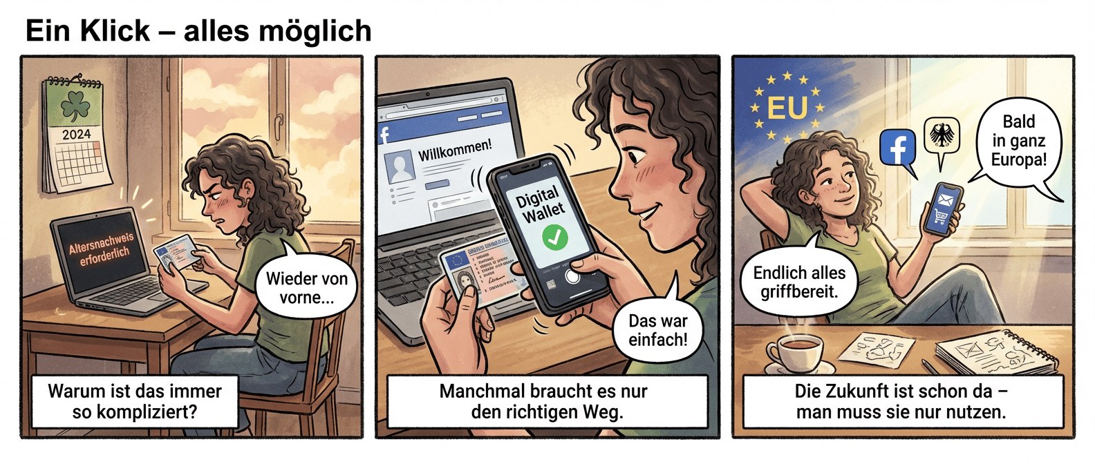 Titel: "Ein Klick – alles möglich"
Panel 1 (Szene 1)
Bild: Eine junge Frau mit lockigem Haar sitzt an einem kleinen Holztisch, Laptop vor sich. Ihr Gesicht ist leicht gerötet, die Augen verengt – sie wirkt genervt. Der Bildschirm zeigt eine Fehlermeldung: "Altersnachweis erforderlich". In ihrer Hand hält sie ihren Führerschein, als hätte sie ihn gerade geprüft. An der Wand hängt ein irischer Kalender mit "2024" und einem Kleeblatt. Das Licht fällt warm durch ein Fenster, draußen ist ein bewölkter Himmel zu sehen.
Textfeld: "Warum ist das immer so kompliziert?"
Sprechblase (Frau, zu sich selbst): "Wieder von vorne..."
---
Panel 2 (Szene 2)
Bild: Nahaufnahme der Frau, die ihr Smartphone in der Hand hält. Die Kamera des Geräts ist aktiviert, sie hält ihren Führerschein davor. Auf dem Display erscheint die App "Digital Wallet" mit einem Scan-Feld. Plötzlich leuchtet ein grünes Häkchen auf, begleitet von einem sanften Vibrieren. Im Hintergrund ist ihr Laptop zu sehen, auf dem nun eine Social-Media-Seite mit "Willkommen!" erscheint. Ihr Gesichtsausdruck wechselt von Konzentration zu erster Erleichterung.
Textfeld: "Manchmal braucht es nur den richtigen Weg."
Sprechblase (Frau, flüsternd): "Das war einfach!"
---
Panel 3 (Szene 3)
Bild: Die Frau lehnt sich entspannt zurück, ein leichtes Lächeln im Gesicht. Ihr Smartphone zeigt verschiedene App-Symbole: eine Social-Media-App, ein Behördensymbol, ein Einkaufswagen. Im Hintergrund schwebt ein stilisiertes EU-Logo mit Sternen, das sanft leuchtet. Durch das Fenster scheint jetzt die Sonne, der Raum wirkt heller. Auf dem Tisch steht eine Tasse Tee, daneben liegt ein Notizbuch mit Skizzen.
Textfeld: "Die Zukunft ist schon da – man muss sie nur nutzen."
Sprechblase (Frau, zufrieden): "Endlich alles griffbereit."
Sprechblase (off-screen, freundlich): "Bald in ganz Europa!"