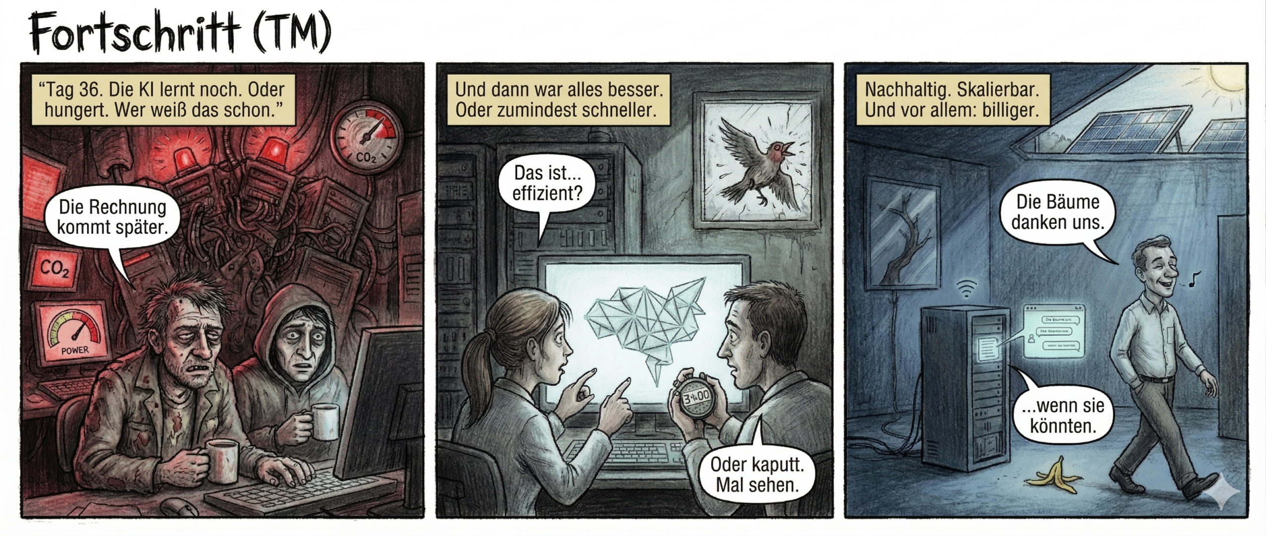 Titel: "Fortschritt (TM)"
Panel 1 (Szene 1 – Die Maschine frisst die Welt)
Dunkles Rechenzentrum, überlastete Server wie ein metallisches Ungeheuer. Rote Warnleuchten werfen flackerndes Licht auf verzerrte Gesichter zweier Techniker, die müde Kaffee trinken. Im Hintergrund: ein CO2-Monitor, der sich im roten Bereich windet. Ein Stromzähler dreht sich wie ein Roulette-Rad, während die Klimaanlage mit letzter Kraft gegen die Hitze kämpft.
Textfeld: "Tag 36. Die KI lernt noch. Oder hungert. Wer weiß das schon."
Sprechblase Techniker 1: "Die Rechnung kommt später."
Sprechblase Techniker 2: "Hauptsache, wir kriegen Bonus."
Panel 2 (Szene 2 – Der große Durchbruch (oder so))
Plötzliche Stille. Die Warnleuchten erlöschen, die Server erstarren. Auf dem Bildschirm: ein schlankes, fast schon höfliches neuronales Netz, das sich wie ein Origami aus Daten faltet. Die Forscher starren es an, als hätte es gerade die Schwerkraft abgeschafft. Einer hält eine Stoppuhr – 34 Minuten. Draußen: ein Vogel, der gegen die Scheibe fliegt.
Textfeld: "Und dann war alles besser. Oder zumindest schneller."
Sprechblase Forscher 1: "Das ist… effizient?"
Sprechblase Forscher 2: "Oder kaputt. Mal sehen."
Panel 3 (Szene 3 – Die grüne Lüge)
Das Rechenzentrum jetzt im kühlen Halbdunkel, ein einziger Server summt leise wie ein Kühlschrank. Auf dem Dach: Solarpaneele, die im Sonnenlicht glänzen. Ein Baum spiegelt sich darin – oder ist es nur ein Stock, der zufällig wie ein Ast aussieht? Die KI antwortet in Millisekunden, während ein Techniker lässig an einer Bananenschale vorbeischlendert.
Textfeld: "Nachhaltig. Skalierbar. Und vor allem: billiger."
Sprechblase Techniker (grinsend): "Die Bäume danken uns."
Sprechblase KI (kalt): "…wenn sie könnten."