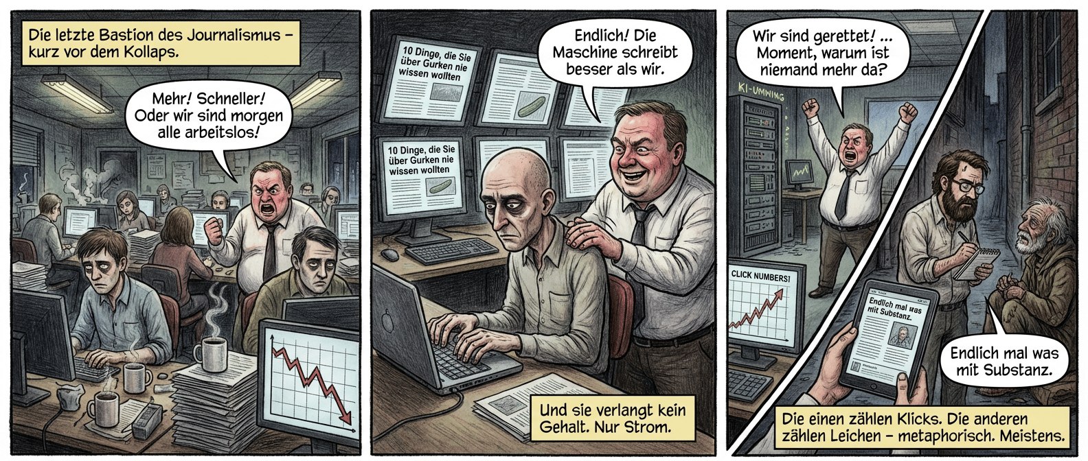 Titel: "Klicks oder Knochen"
Panel 1 (Szene 1: Die überlastete Redaktion)
Dunkles Großraumbüro, Neonlicht flackert. Gestresste Journalisten starren auf Bildschirme, Kaffeebecher dampfen, Papierstapel wackeln. Ein Chefredakteur brüllt: "Mehr! Schneller! Oder wir sind morgen alle arbeitslos!" Unten rechts: Eine Kurve auf einem Monitor stürzt ab wie ein sterbender Vogel. Textfeld: "Die letzte Bastion des Journalismus – kurz vor dem Kollaps."
Panel 2 (Szene 2: Der KI-Durchbruch)
Ein einzelner Redakteur (glatzköpfig, Augenringe) sitzt vor einem Laptop, tippt mit mechanischer Präzision. Hinter ihm entstehen Artikel wie am Fließband – Überschriften blitzen auf: "10 Dinge, die Sie über Gurken nie wissen wollten". Der Chefredakteur klopft ihm auf die Schulter: "Endlich! Die Maschine schreibt besser als wir." Textfeld: "Und sie verlangt kein Gehalt. Nur Strom."
Panel 3 (Szene 3: Zwei Gesichter des Erfolgs)
Links: Ein leeres Büro, nur ein KI-Server brummt. Ein Monitor zeigt explodierende Klickzahlen. Der Chefredakteur jubelt: "Wir sind gerettet! ... Moment, warum ist niemand mehr da?" Rechts: Ein einsamer Journalist (Bart, zerknittertes Hemd) interviewt eine obdachlose Person in einer Gasse. Sein Artikel wird auf einem Tablet gelesen, daneben ein Kommentar: "Endlich mal was mit Substanz." Textfeld: "Die einen zählen Klicks. Die anderen zählen Leichen – metaphorisch. Meistens."