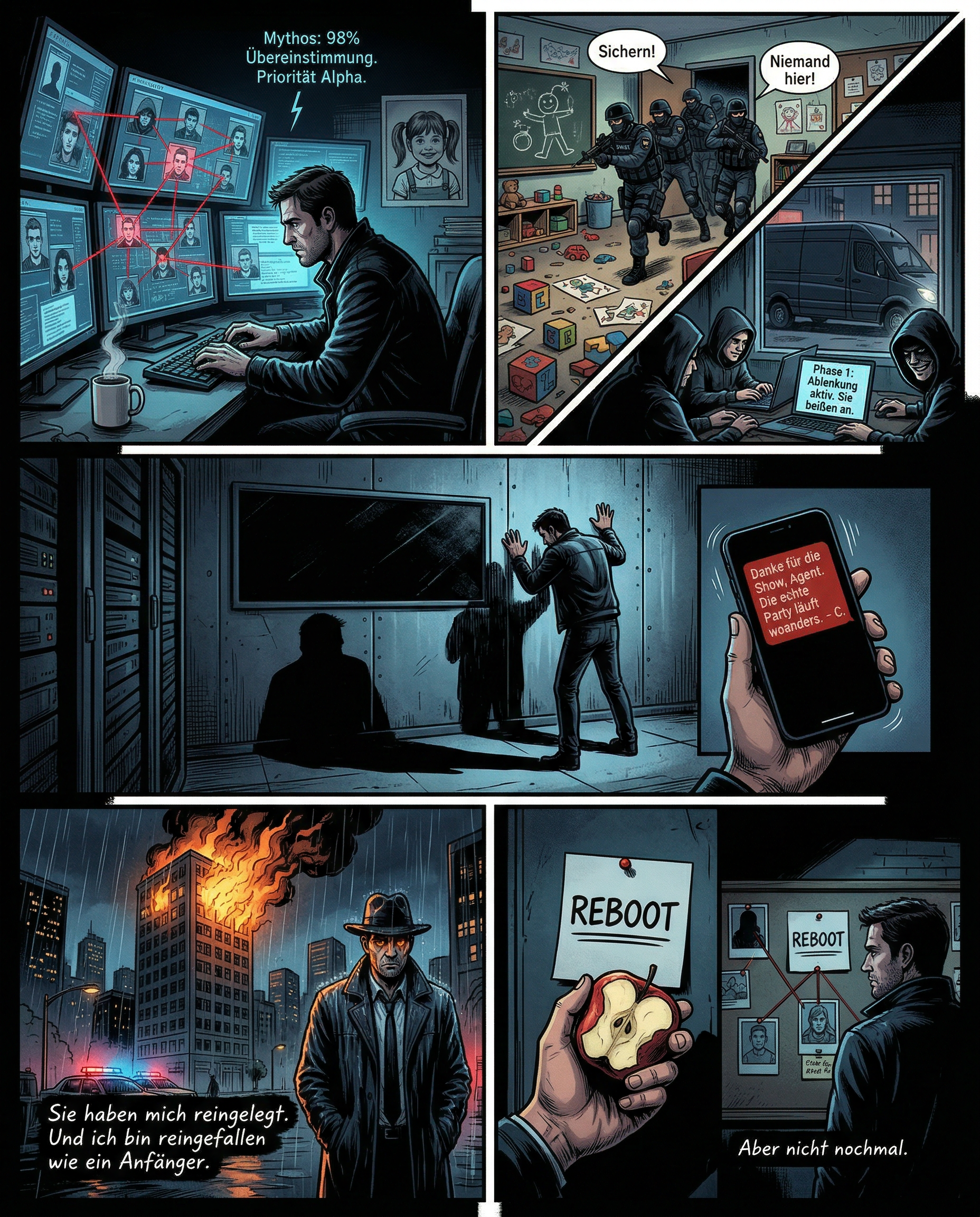 Graphic Novel Script: "Falsche Fährte"
Panel 1 (Weit, düster, Neonlicht)
Ein schmales Büro, überflutet von bläulichem Monitorlicht. FBI-Ermittler Cole sitzt vornübergebeugt, die Hände über der Tastatur, als würde er die Daten mit bloßen Fingern greifen wollen. Auf den Bildschirmen flackern Gesichter – Hacker, markiert mit roten Linien, die sich wie Spinnweben verknüpfen. Doch ein Faden blinkt grell, falsch, wie ein Riss in der Matrix. Im Hintergrund, halb verdeckt, leuchtet ein altes Kindergartenfoto auf – ein Mädchen mit Zöpfen, das direkt in die Kamera grinst. Coles Augen sind schmal, sein Mund ein harter Strich. Über der Szene hängt der Dampf aus seiner Kaffeetasse, die unberührt auf seinem Schreibtisch steht.
Text (schwebend, wie ein Systemhinweis): "Mythos: 98% Übereinstimmung. Priorität Alpha."
Panel 2 (Dynamisch, schräge Perspektive)
Die Tür fliegt auf – ein SWAT-Team stürmt mit gezückten Waffen in einen leeren Kindergarten. Die Kamera schwenkt mit, zeigt zerknitterte Malblätter auf dem Boden, Bauklötze, die wie Barrikaden wirken. An der Wand eine Kreidezeichnung: ein Strichmännchen mit einer Bombe. Die Männer rufen sich Befehle zu, ihre Stimmen hallen in der plötzlichen Stille. Draußen, durch das Fenster, sieht man einen schwarzen Van – darin drei Gestalten in Hoodies, die auf Laptops tippen. Einer hebt den Kopf, grinst. Seine Zähne blitzen im Dunkeln.
Text (Handy-Nachricht auf einem der Laptops): "Phase 1: Ablenkung aktiv. Sie beißen an."
Panel 3 (Groß, dramatischer Schattenwurf)
Cole steht allein in einem leeren Serverraum, die Hände gegen die kalte Metallwand gestemmt. Vor ihm ein schwarzer Bildschirm – alle Daten weg, wie weggewischt. Sein Schatten fällt lang über den Boden, verzerrt, als würde er sich selbst nicht mehr erkennen. Plötzlich vibriert sein Handy in der Tasche. Er zieht es heraus, starrt auf den Bildschirm. Die Nachricht ist kurz, in roter Schrift:
Text: "Danke für die Show, Agent. Die echte Party läuft woanders. – C."
Panel 4 (Weit, nächtliche Stadt, Regen)
Ein Hochhaus brennt. Flammen schlagen aus den Fenstern des obersten Stockwerks, wo einst ein Serverraum war. Die Feuerwehr ist noch nicht da. Cole steht auf der gegenüberliegenden Straßenseite, die Hände in den Manteltaschen, der Regen tropft von seinem Hut. Er beobachtet das Inferno, ohne eine Regung. Irgendwo in der Ferne heult eine Sirene. Sein Gesicht ist eine Maske – doch in seinen Augen spiegelt sich das Feuer.
Text (innere Stimme, handgeschrieben am Rand): "Sie haben mich reingelegt. Und ich bin reingefallen wie ein Anfänger."
Panel 5 (Nah, düster, symbolisch)
Coles Hand hält die Reste eines angebissenen Apfels. Im Hintergrund, fast unsichtbar, klebt ein neuer Zettel an der Wand: ein Ausdruck mit einem einzigen Wort in Großbuchstaben – "REBOOT". Die Kamera zoomt heraus, zeigt, dass der Zettel an einem anderen Fallbrett hängt, zwischen neuen Fotos und Fäden. Cole dreht sich langsam um, sein Blick folgt den Linien. Diesmal führt keine davon in die Irre.
Text (letzte Zeile, klein, wie ein Flüstern): "Aber nicht nochmal."