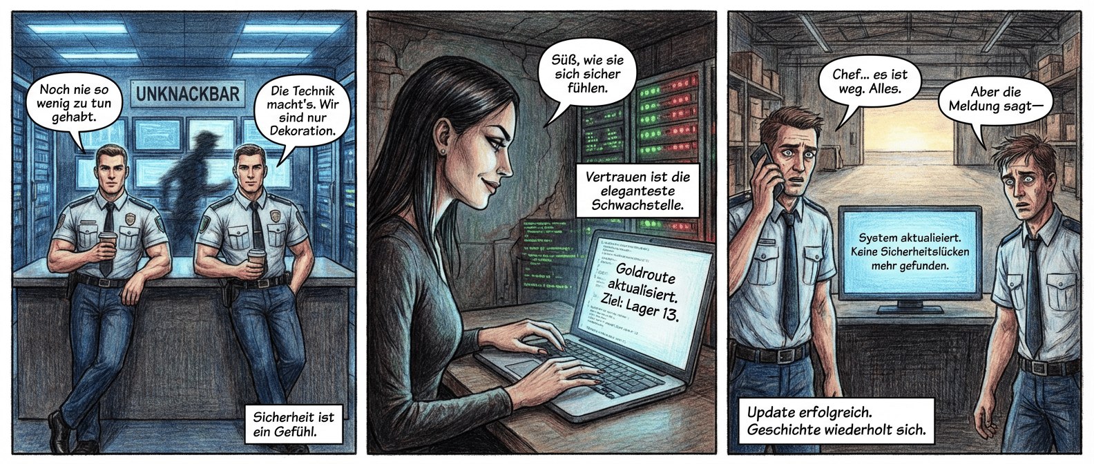Titel: "Unknackbar" – Eine Graphic Novel
Panel 1 (Szene 1 – Der Hochsicherheitstraum)
Blaue Neonlichter tauchen den Serverraum in kaltes Licht. Zwei muskelbepackte Wachleute lehnen lässig an einem Schreibtisch, Kaffeebecher in der Hand. Ihre Gesichter sind perfekt symmetrisch, die Uniformen makellos. Über den Monitoren prangt das Schild "Unknackbar" in fetten Lettern. Im Hintergrund huscht ein Schatten an der Glaswand vorbei – zu schnell, um bemerkt zu werden.
Wachmann 1: "Noch nie so wenig zu tun gehabt."
Wachmann 2: "Die Technik macht’s. Wir sind nur Dekoration."
Textfeld (klein, unten rechts): "Sicherheit ist ein Gefühl."
---
Panel 2 (Szene 2 – Der Algorithmus schlägt zu)
Ein schäbiger Kellerraum, nur erleuchtet vom blassen Schein eines Laptops. Die Hackerin – schlank, mit scharf geschnittenen Zügen und einem halben Lächeln – tippt mit manikürten Fingern. Auf dem Bildschirm flackern Codezeilen, während im Hintergrund ein Live-Feed der Serverlichter von Grün auf Rot springt. Draußen, in einer Lagerhalle, parken plötzlich LKWs mit falschen Logos. Ein Algorithmus lenkt sie um, als wäre es ein Spiel.
Hackerin (flüsternd): "Süß, wie sie sich sicher fühlen."
Laptop (Text auf Bildschirm): "Goldroute aktualisiert. Ziel: Lager 13."
Textfeld (mittig, kursiv): "Vertrauen ist die eleganteste Schwachstelle."
---
Panel 3 (Szene 3 – Die leere Wahrheit)
Morgengrauen. Die Lagerhalle steht sperrangelweit offen, die Paletten sind leer, nur ein paar zerknüllte Folienreste liegen herum. Die Wachleute – jetzt mit zerzausten Haaren und aufgerissenen Augen – starren auf einen Monitor. Die Nachricht "System aktualisiert. Keine Sicherheitslücken mehr gefunden." blinkt in beruhigendem Blau. Einer der Männer hält sein Handy ans Ohr, die Stimme am anderen Ende ist nur als verzerrtes Kreischen zu erahnen.
Wachmann 1 (mit brüchiger Stimme): "Chef… es ist weg. Alles."
Wachmann 2 (leer): "Aber die Meldung sagt—"
Textfeld (groß, unten links): "Update erfolgreich. Geschichte wiederholt sich."
