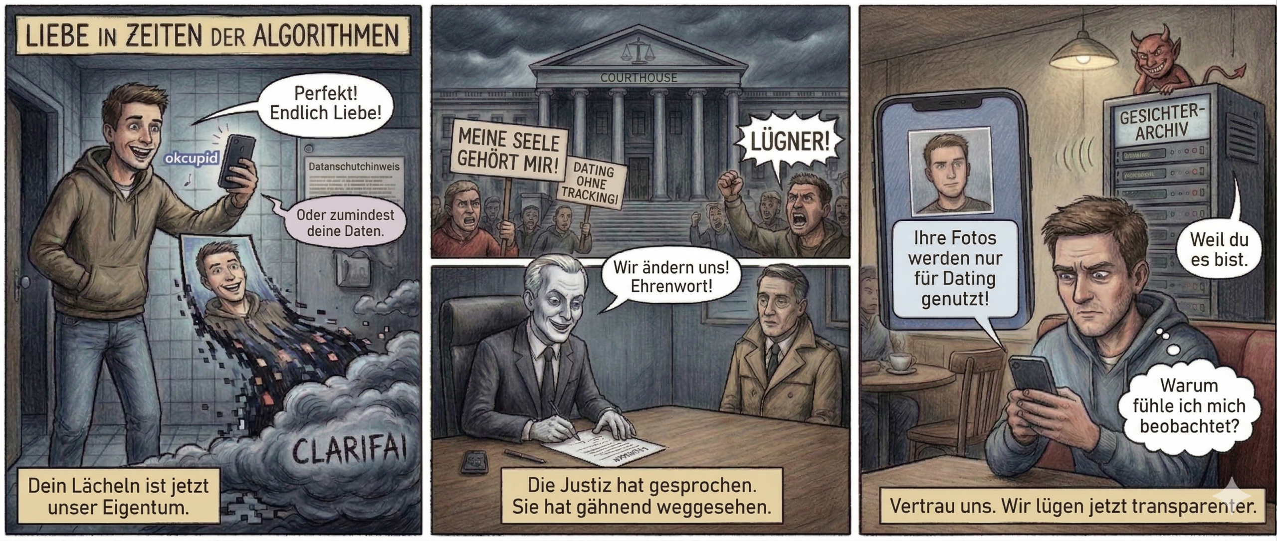 Titel: "Liebe in Zeiten der Algorithmen"
Panel 1 (Szene 1 – Die Illusion)
Ein junger Mann, lässig gekleidet, posiert vor dem Badezimmerspiegel und macht ein Selfie. Sein Lächeln ist breit, die Zähne perfekt. Im Hintergrund flackert das OkCupid-Logo auf seinem Handy, daneben ein unleserlicher Datenschutzhinweis in winziger Schrift. Im unteren Bildrand schlängelt sich sein Foto wie ein digitaler Fluss in eine dunkle Wolke mit der Aufschrift "Clarifai".
Textfeld: "Dein Lächeln ist jetzt unser Eigentum."
Sprechblase (Mann): "Perfekt! Endlich Liebe!"
Sprechblase (Handy, flüsternd): "Oder zumindest deine Daten."
---
Panel 2 (Szene 2 – Die Farce)
Ein düsteres Gerichtsgebäude. Vor dem Eingang stehen wütende Nutzer mit Schildern: "Meine Seele gehört mir!" und "Dating ohne Tracking!". Drinnen unterschreibt ein blasser OkCupid-Manager einen Vergleich, während ein FTC-Beamter gelangweilt zusieht. Auf dem Dokument steht in fetten Lettern: "Keine Strafe. Nur Versprechen. Vielleicht."
Textfeld: "Die Justiz hat gesprochen. Sie hat gähnend weggesehen."
Sprechblase (Manager, grinsend): "Wir ändern uns! Ehrenwort!"
Sprechblase (Protestierer, schreiend): "LÜGNER!"
---
Panel 3 (Szene 3 – Die Realität)
Der gleiche Mann sitzt jetzt in einem Café, das Handy in der Hand. Sein Gesicht ist skeptisch, die Augen verengt. Auf dem Bildschirm poppt ein Fenster auf: "Ihre Fotos werden nur für Dating genutzt!" – doch im Hintergrund surrt ein Server mit der Aufschrift "Gesichter-Archiv" und einem kleinen, grinsenden Teufelchen. Über seinem Profilbild schwebt ein riesiges Fragezeichen.
Textfeld: "Vertrau uns. Wir lügen jetzt transparenter."
Sprechblase (Mann, murmelnd): "Warum fühle ich mich beobachtet?"
Sprechblase (Teufelchen, kichernd): "Weil du es bist."