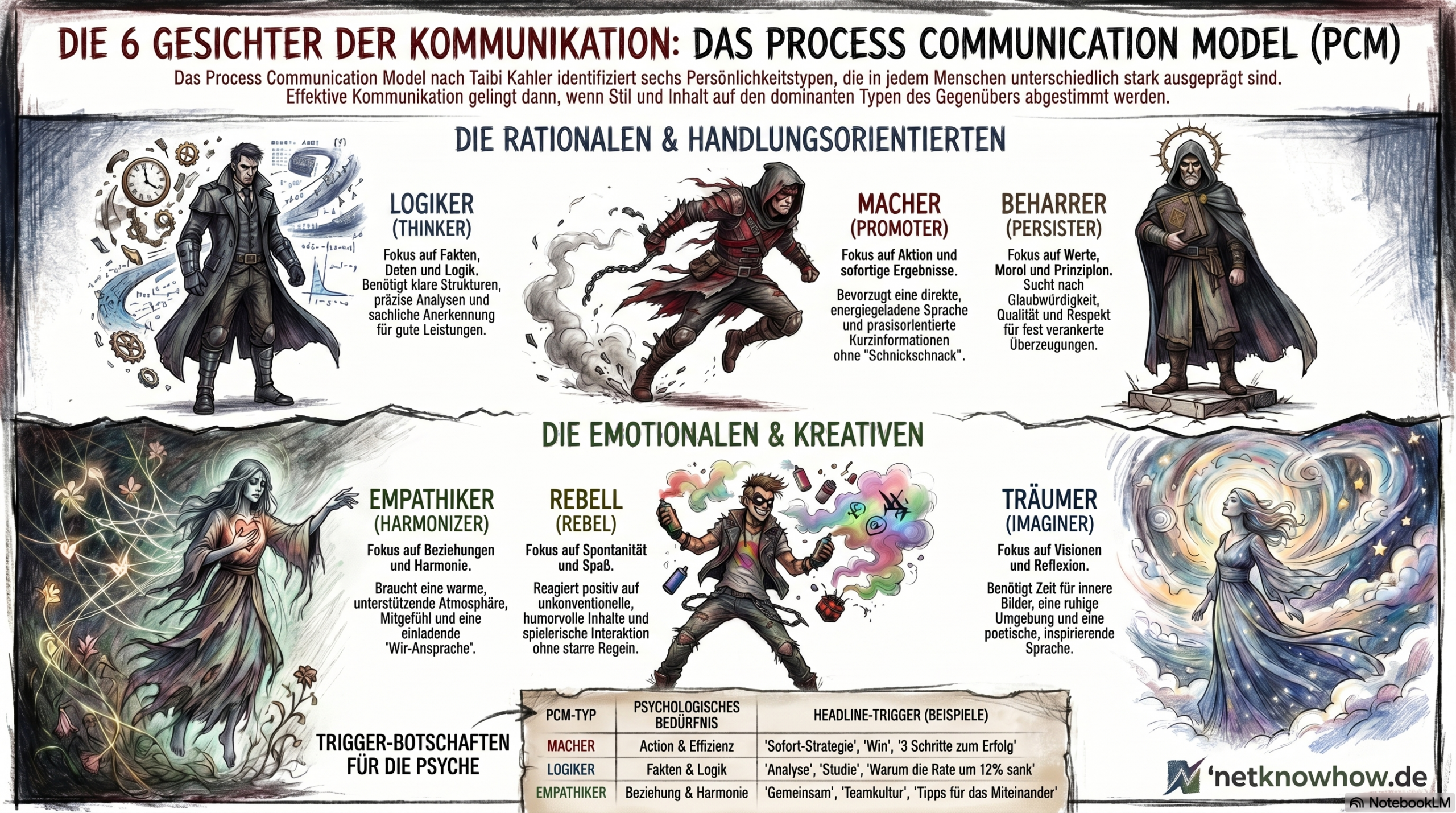 Die Infografik zeigt die sechs Persönlichkeitsmerkmale Logiker, Macher, Beharrer, Empathiker, Rebell und Träumer.