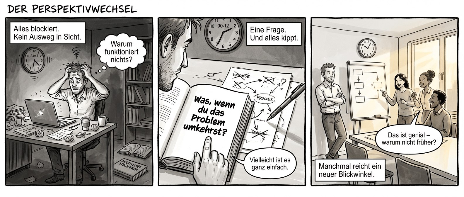 Titel: „Der Perspektivwechsel“
Panel 1 (Szene 1 – Die Starre)
Bild: Ein kleiner, überfüllter Schreibtisch in einem schlichten Büro. Der Gründer, Mitte 30, sitzt zusammengesunken vor einem Chaos aus Notizzetteln, leeren Kaffeebechern und einem Laptop mit flackerndem Bildschirm. Seine Hände krallen sich in die Haare, die Augen sind weit aufgerissen. Die Wanduhr zeigt 23:47 Uhr, ihr Zeiger bewegt sich unerbittlich. Im Hintergrund ein Regal mit Büchern, eines liegt halb offen daneben – „Kreativitätstechniken“.
Textfeld: „Alles blockiert. Kein Ausweg in Sicht.“
Sprechblase (Gedankenblase, zitternd): „Warum funktioniert nichts?“
Panel 2 (Szene 2 – Der Funke)
Bild: Nahaufnahme der Hände des Gründers, die hektisch in dem aufgeschlagenen Buch blättern. Plötzlich hält er inne, der Finger bleibt auf einer Seite mit der fett gedruckten Frage: „Was, wenn du das Problem umkehrst?“ Sein Stift schwebt über einem leeren Blatt, dann beginnt er wie besessen zu schreiben. Pfeile, Kreise, durchgestrichene Wörter – das Papier füllt sich mit wilden Skizzen. Im Hintergrund die Uhr: 00:12 Uhr.
Textfeld: „Eine Frage. Und alles kippt.“
Sprechblase (leise, zu sich selbst): „Vielleicht ist es ganz einfach.“
Panel 3 (Szene 3 – Der Durchbruch)
Bild: Ein heller Konferenzraum am nächsten Morgen. Der Gründer steht vor einem Whiteboard, auf dem eine klare Skizze mit drei Schritten prangt. Sein Team – drei diverse Personen – diskutiert lebhaft, einer zeigt auf einen Punkt, eine andere lacht. Der Gründer lehnt entspannt am Tisch, die Arme verschränkt, ein leichtes Lächeln im Gesicht. Die Uhr an der Wand zeigt 10:05 Uhr. Durch das Fenster fällt warmes Sonnenlicht.
Textfeld: „Manchmal reicht ein neuer Blickwinkel.“
Sprechblase (Teammitglied, begeistert): „Das ist genial – warum nicht früher?“ }