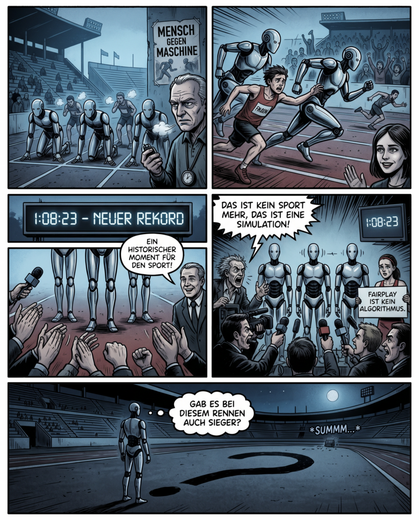 Panel 1 (Weitwinkel, düsteres Morgenlicht)
Das Stadion liegt in kaltem Blau, die Tribünen halb leer, die Gesichter der Zuschauer im Schatten. Im Vordergrund stehen drei Roboter in Startposition – schlanke, humanoide Gestalten mit glatten Metalloberflächen, ihre "Gesichter" ausdruckslos. Zwischen ihnen drängen sich menschliche Läufer, ihre Atmung bildet weiße Wolken in der Luft. Ein älterer Mann mit Stoppuhr blickt skeptisch, sein Mund ein schmaler Strich. Im Hintergrund: ein Plakat, halb abgerissen, mit der Aufschrift "Mensch gegen Maschine – wer bleibt Sieger?". Die Stimmung ist angespannt, als warte man auf einen Verrat.
Panel 2 (Dynamische Nahaufnahme, schräge Perspektive)
Die Roboter schießen los, ihre Bewegungen perfekt synchron, fast wie ein einziger Organismus. Ihre Füße berühren kaum den Boden. Ein menschlicher Läufer – jung, mit schmerzverzerrtem Gesicht – wird überholt, sein Arm streift den metallenen Körper des Roboters, als wolle er sich festhalten. Doch der Roboter läuft weiter, unberührt. Im Hintergrund stürzt ein anderer Läufer, seine Hand greift ins Leere. Die Tribüne jubelt, aber die Kamera fängt eine Frau ein, deren Lächeln erstarrt. Ihre Augen sind auf den Gestürzten gerichtet, nicht auf die Sieger.
Panel 3 (Detailaufnahme, harte Kontraste)
Die Digitalanzeige der Zeit: 1:08:23 – neuer Rekord. Die Zahlen leuchten grell in der Dämmerung. Im Vordergrund die Beine der Roboter, regungslos, als wären sie nie gelaufen. Dahinter: ein Meer aus Händen, die klatschen, einige mit geballten Fäusten. Ein Mikrofon wird einem der Roboter hingehalten, doch sein "Kopf" bleibt starr. Stattdessen spricht ein Funktionär mit breitem Lächeln in die Kamera: "Ein historischer Moment für den Sport!" Seine Stimme klingt hohl, als käme sie aus einem alten Lautsprecher.
Panel 4 (Halbtotale, dramatische Beleuchtung)
Pressekonferenz. Die Roboter stehen in einer Reihe, wie Angeklagte vor einem unsichtbaren Gericht. Vor ihnen: ein Wald aus Mikrofonen, Kameras, wütenden und begeisterten Gesichtern. Ein Ethiker mit wirrem Haar schreit: "Das ist kein Sport mehr, das ist eine Simulation!" Eine Sportlerin mit Tränen in den Augen hält ein Schild hoch: "Fairplay ist kein Algorithmus." Die Roboter schweigen. Einer von ihnen – vielleicht ein Defekt – zuckt leicht, als würde er atmen. Im Hintergrund: ein Fernseher, der die Rekordzeit in Endlosschleife zeigt.
Panel 5 (Symbolische Schlusssequenz, düster-poetisch)
Nacht. Das Stadion ist leer bis auf einen Roboter, der allein auf der Bahn steht. Sein Körper wirft einen langen Schatten, der wie ein Fragezeichen über den Asphalt kriecht. In der Ferne hört man das leise Summen einer Maschine, die sich abschaltet. Dann Stille. Über dem Stadion hängt ein Mond, kalt und gleichgültig. Die letzte Sprechblase – ein Gedanke, der niemandem gehört: "Gab es bei diesem Rennen auch Sieger?"