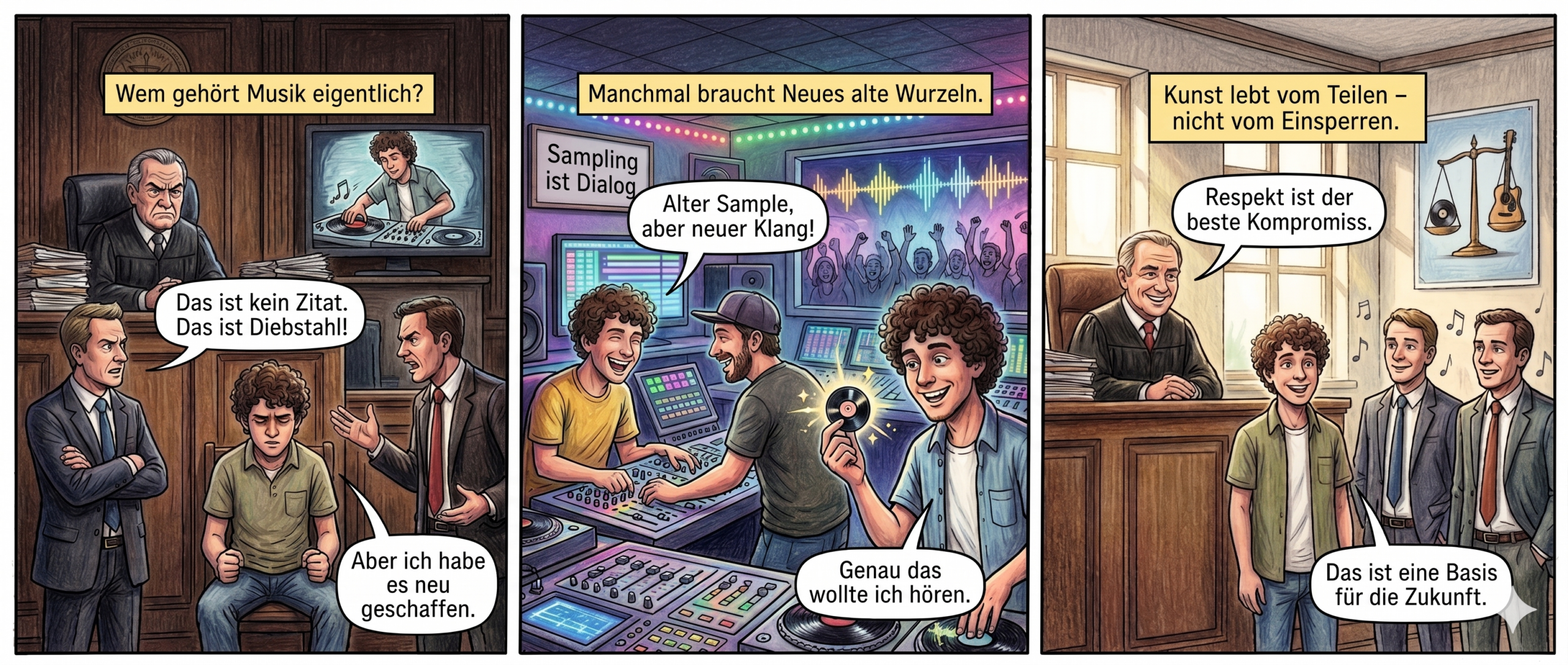 Titel: "Der Klang der Freiheit"
Panel 1 (Gerichtssaal – Spannung)
Dunkler Saal, schwere Holztäfelung, Richter mit strenger Miene hinter einem Berg Akten. Im Hintergrund flackert ein Bildschirm, auf dem ein DJ eine Platte scratcht. Zwei Anwälte stehen sich gegenüber – einer mit verschränkten Armen, der andere gestikuliert leidenschaftlich. Ein junger Musiker (lockiges Haar, lässiges Hemd) sitzt angespannt da, die Hände auf den Knien. Über ihm schwebt ein Textfeld: "Wem gehört Musik eigentlich?"
Anwalt 1: "Das ist kein Zitat. Das ist Diebstahl!"
Musiker (leise): "Aber ich habe es neu geschaffen."
Panel 2 (Studio – Kreativer Durchbruch)
Helles, modernes Studio, bunte Lichter, Musiker und Produzenten lachen, während sie an einem Mischpult arbeiten. Der DJ von Panel 1 hält ein winziges Stück Vinyl hoch – darauf ein glitzernder Ausschnitt des "geklauten" Rhythmus. Im Hintergrund läuft die neue Version des Tracks, die Menge jubelt. Ein Schild an der Wand: "Sampling ist Dialog." Textfeld: "Manchmal braucht Neues alte Wurzeln."
Produzent: "Alter Sample, aber neuer Klang!"
DJ (grinsend): "Genau das wollte ich hören."
Panel 3 (Versöhnung – Hoffnung)
Der gleiche Gerichtssaal, aber jetzt hell erleuchtet. Der Richter lächelt, während er ein Urteil verkündet. Der Musiker steht erleichtert da, neben ihm die beiden Anwälte – jetzt entspannt, fast freundschaftlich. Im Hintergrund spielt leise die neue Version des Songs. Ein Plakat an der Wand zeigt eine Waage: auf einer Seite ein Vinyl, auf der anderen eine Gitarre. Textfeld: "Kunst lebt vom Teilen – nicht vom Einsperren."
Richter: "Respekt ist der beste Kompromiss."
Musiker (strahlend): "Das ist eine Basis für die Zukunft."