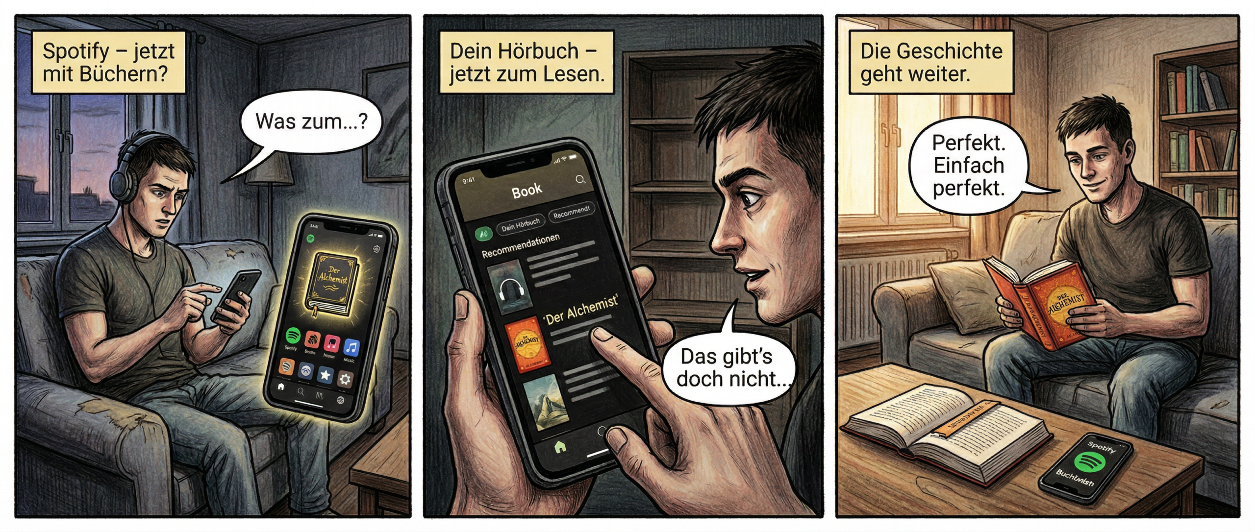 Comicstrip in 3 Panels
Titel: "Die nächste Seite"
Panel 1 (Szene 1)
Ein schmales Wohnzimmer bei Dämmerlicht. Der junge Mann, LUKAS (20, sportlich, kurze dunkle Haare, lässiges Shirt), sitzt auf einem grauen Sofa, Kopfhörer auf den Ohren. Sein Blick ist auf das Handy in seiner Hand gerichtet, Daumen über dem Bildschirm. Die Spotify-App ist geöffnet, zwischen den üblichen Icons leuchtet ein neues: ein stilisiertes Buch mit goldener Schrift. Lukas’ Augenbrauen ziehen sich leicht zusammen, ein Hauch von Neugier.
Textfeld: Spotify – jetzt mit Büchern?
Sprechblase Lukas (leise, zu sich): Was zum…?
---
Panel 2 (Szene 2)
Nahaufnahme des Handys. Die Buch-App ist geöffnet, eine Liste mit Empfehlungen erscheint. Ein Titel sticht hervor: „Der Alchimist“ – das gleiche Buch, das Lukas als Hörbuch begonnen hat. Sein Finger tippt darauf. Im Hintergrund: ein Regal mit leeren Fächern, als wartete es auf etwas. Lukas’ Gesicht ist jetzt hellwach, ein Funke Begeisterung in den Augen.
Textfeld: Dein Hörbuch – jetzt zum Lesen.
Sprechblase Lukas (flüsternd, fast ehrfürchtig): Das gibt’s doch nicht…
---
Panel 3 (Szene 3)
Drei Tage später. Lukas sitzt auf demselben Sofa, aber die Stimmung ist anders: warmes Licht fällt durchs Fenster, auf dem Couchtisch liegt das aufgeschlagene Buch, ein Lesezeichen steckt genau dort, wo er im Hörbuch aufgehört hat. Sein Handy daneben zeigt die Spotify-App – jetzt mit einem „Buchladen“-Button. Lukas hält das Buch in beiden Händen, ein Lächeln spielt um seine Lippen. Im Hintergrund füllt sich das Regal langsam mit neuen Büchern.
Textfeld: Die Geschichte geht weiter.
Sprechblase Lukas (lächelnd, zu sich): Perfekt. Einfach perfekt.