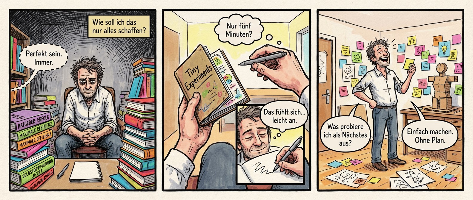 Titel: "Kleine Schritte, große Freiheit"
Panel 1 (Szene 1):
Ein schmales Zimmer, überfüllt mit Ratgebern in knalligen Farben. Die Bücher stapeln sich auf dem Boden, dem Schreibtisch, sogar auf dem Stuhl. Der Protagonist (mittleres Alter, unordentliche Haare, müde Augen) sitzt davor, die Hände im Schoß. Vor ihm liegt ein leeres Notizbuch, der Stift daneben unberührt. Die Luft wirkt schwer, als würde das Gewicht der Bücher ihn niederdrücken.
Textfeld (klein, oben rechts): "Wie soll ich das nur alles schaffen?"
Sprechblase (von außen, flüsternd): "Perfekt sein. Immer."
Panel 2 (Szene 2):
Nahaufnahme der Hände des Protagonisten. Sie halten ein schmales Buch mit dem Titel "Tiny Experiments" – die Seiten sind voller bunter Kritzeleien und handschriftlicher Notizen. Eine Hand blättert, die andere greift nach einem Stift. Im Hintergrund nur ein kleiner Ausschnitt des Zimmers, jetzt heller, fast neugierig.
Sprechblase (gedacht, unsicher): "Nur fünf Minuten?"
Die nächste Zeichnung zeigt ihn mit geschlossenen Augen, wie er eine schnelle, krakelige Linie auf ein Blatt malt. Sein Gesicht ist entspannt, ein leichtes Lächeln spielt um die Lippen.
Sprechblase (leise, fast erstaunt): "Das fühlt sich… leicht an."
Panel 3 (Szene 3):
Der Raum ist jetzt ein kreatives Chaos – bunte Zettel kleben an den Wänden, Skizzen liegen verstreut, ein halb fertiges Modell aus Pappe steht auf dem Tisch. Der Protagonist steht mittendrin, die Hände in die Hüften gestemmt, und lacht. Sein Blick fällt auf einen neuen Zettel, den er gerade in die Hand nimmt. Die Atmosphäre ist warm, voller Möglichkeiten.
Textfeld (unten links, handschriftlich): "Was probiere ich als Nächstes aus?"
Sprechblase (fröhlich, zu sich selbst): "Einfach machen. Ohne Plan."