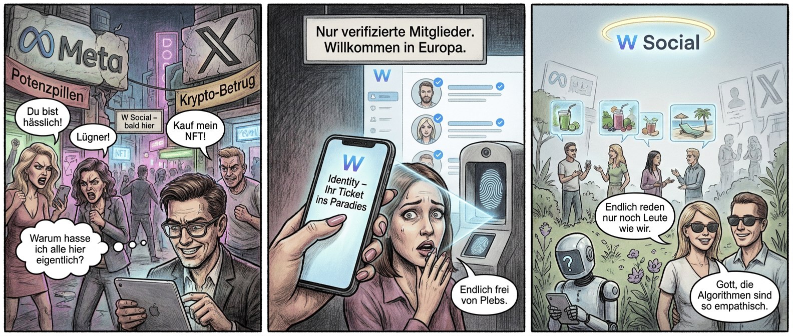 Panel 1 (Szene 1 – Der digitale Dschungel)
Ein greller, überfüllter Platz, bevölkert von perfekt gestylten Avataren mit makellosen Gesichtern – doch ihre Münder sind verzerrt zu wütenden Fratzen. Hasskommentare schweben wie giftige Sprechblasen über ihnen: "Du bist hässlich!", "Lügner!", "Kauf mein NFT!". Im Hintergrund thronen die Logos von Meta und X wie verfallene Götzen, während ein winziges Schild "W Social – bald hier" zwischen Werbebannern für Potenzpillen und Krypto-Betrug kaum auffällt. Ein Nutzer mit Designer-Brille scrollt, sein Lächeln erstarrt zu einer Grimasse. Seine Sprechblase: "Warum hasse ich alle hier eigentlich?"
Panel 2 (Szene 2 – Die Verifizierungshölle)
Eine manikürte Hand hält ein Smartphone, auf dem Display leuchtet "W Identity – Ihr Ticket ins Paradies". Ein Scanner erfasst das Gesicht der Nutzerin – ihre Pupillen weiten sich panisch, als würde sie gerade ihre Seele verkaufen. Daneben ein Fingerabdruck-Scan, der wie ein futuristischer Beichtstuhl wirkt. Im Hintergrund öffnet sich ein sauberes, klinisch weißes Interface: klare Profile mit blauen Häkchen, keine Fake-Accounts, nur makellose Menschen mit perfekten Zähnen. Ein Schild verkündet: "Nur verifizierte Mitglieder. Willkommen in Europa." Die Nutzerin flüstert: "Endlich frei von Plebs."
Panel 3 (Szene 3 – Das stille Glück der Auserwählten)
Der digitale Platz ist jetzt ein minimalistischer Garten Eden – kleine Gruppen verifizierter Nutzer unterhalten sich in harmonischen Kreisen, teilen Fotos von ihren Bio-Smoothies und nachhaltigen Urlauben. Das W Social-Logo strahlt wie ein Heiligenschein über ihnen. Im Hintergrund verschwimmen die alten Plattformen zu blassen Geisterbildern, ihre Nutzer wirken wie verlorene Seelen. Ein Paar mit identischen Designer-Sonnenbrillen lächelt selig. Seine Sprechblase: "Endlich reden nur noch Leute wie wir." Ihre Antwort: "Gott, die Algorithmen sind so empathisch." Im Vordergrund scrollt ein einsamer Bot durch die Leere – sein Profilbild ist ein Fragezeichen. Keiner bemerkt ihn.