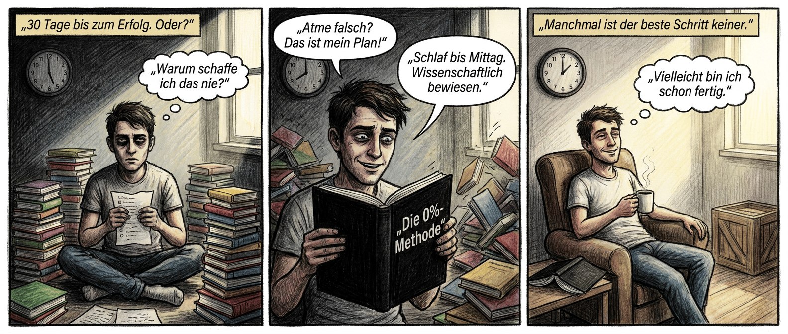 **Panel 1 (Szene 1):**
Ein junger Mann mit dunklen Ringen unter den Augen sitzt im Schneidersitz auf dem Boden, umgeben von Bergen bunter Selbsthilfebücher. Sein Blick ist leer, die Hände umklammern eine zerknitterte To-do-Liste. Die Wanduhr zeigt 5:00 Uhr, das Licht der Morgendämmerung fällt schräg durchs Fenster. Sein Gesicht ist angespannt, die Schultern hängen. Über ihm schwebt ein kleines Textfeld: *„30 Tage bis zum Erfolg. Oder?“*
Sprechblase (gedacht, als innerer Monolog): *„Warum schaffe ich das nie?“*
**Panel 2 (Szene 2):**
Derselbe Mann hält plötzlich ein schlichtes, schwarzes Buch mit dem Titel *„Die 0%-Methode“* in den Händen. Sein Gesichtsausdruck wechselt von Verwirrung zu einem schiefen Grinsen. Er blättert und liest laut vor, während im Hintergrund die anderen Bücher wie ein Kartenhaus in sich zusammenfallen. Die Uhr zeigt jetzt 8:30 Uhr.
Sprechblase (lachend): *„Atme falsch? Das ist mein Plan!“*
Sprechblase (Buchtext, kursiv): *„Schlaf bis Mittag. Wissenschaftlich bewiesen.“*
**Panel 3 (Szene 3):**
Der Mann lehnt entspannt in einem Sessel, eine dampfende Kaffeetasse in der Hand. Die Bücher sind in einer Kiste verschwunden, die Wand ist leer. Die Uhr zeigt 11:00 Uhr, Sonnenlicht flutet den Raum. Sein Lächeln ist warm, die Haltung locker. Das schwarze Buch liegt halb offen neben ihm. Kein Druck, keine Listen – nur Stille.
Textfeld: *„Manchmal ist der beste Schritt keiner.“*
Sprechblase (gedacht, zufrieden): *„Vielleicht bin ich schon fertig.“*