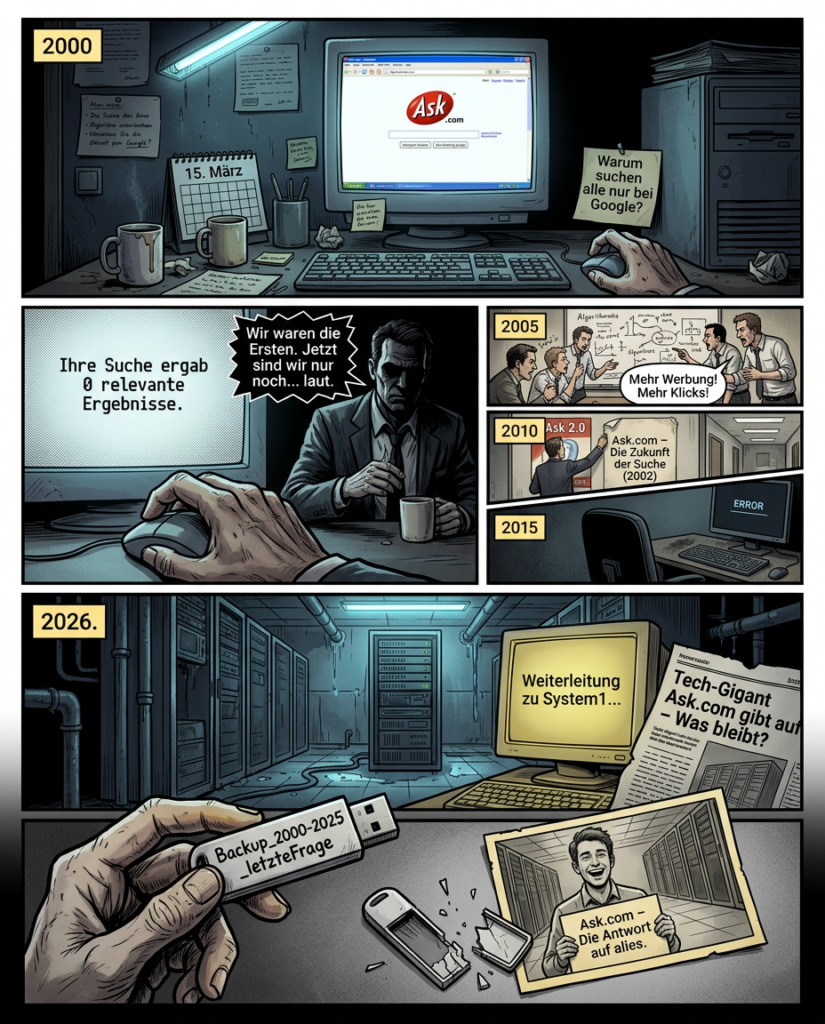 Graphic Novel  "Die letzte Frage"

Panel 1 (Weitwinkel, düsteres Blau-Grau)
Ein enges Büro, 2000. Neonlicht flackert über einen klobigen CRT-Monitor, auf dem die Ask.com-Startseite in grellen Farben leuchtet – ein Relikt in einer Welt aus schmutzigen Kaffeebechern und zerknüllten Notizen. Eine Hand, knochig und mit nikotingelben Fingern, schwebt über der Maus. Im Hintergrund: ein Kalender mit dem Datum "15. März 2000", daneben ein Zettel mit der Frage "Warum suchen alle nur bei Google?" in krakeliger Schrift. Die Atmosphäre ist angespannt, als stünde etwas Großes bevor – oder schon verloren.

Panel 2 (Nahaufnahme, harte Schatten)
Die gleiche Hand drückt die Maustaste. Der Bildschirm flackert, dann erscheint eine Antwort: "Ihre Suche ergab 0 relevante Ergebnisse." Die Schrift ist pixelig, fast höhnisch. Im Hintergrund, halb verdeckt von der Monitorhelligkeit, ein Mann im Anzug – Gesicht im Dunkeln – der eine leere Kaffeetasse umklammert. Seine Stimme (als Textbox, zerrissen): "Wir waren die Ersten. Jetzt sind wir nur noch… laut."

Panel 3 (Schnelle Montage, drei Mini-Panels in einem)
1. 2005: Ein Meetingraum. Entwickler starren auf einen Whiteboard voll verzweifelter Algorithmen-Skizzen. Einer schreit: "Mehr Werbung! Mehr Klicks!"
2. 2010: Ein Büroflur. Ein Mann reißt ein "Ask 2.0"-Plakat von der Wand, darunter kommt ein älteres Plakat zum Vorschein: "Ask.com – Die Zukunft der Suche" (2002).
3. 2015: Ein leerer Stuhl vor einem Bildschirm, auf dem nur noch eine Fehlermeldung steht. Die Tastatur ist mit Staub bedeckt.

Panel 4 (Weitwinkel, kaltes Neonlicht)
2026. Ein verlassener Serverraum, Rohre tropfen Kondenswasser. In der Mitte ein einzelner Rack-Server, dessen LED noch schwach blinkt. Auf einem vergilbten Monitor: "Weiterleitung zu System1…" Daneben ein Zeitungsausschnitt, halb abgerissen: "Tech-Gigant Ask.com gibt auf – Was bleibt?" Im Vordergrund: die gleiche Hand wie in Panel 1, jetzt gealtert, hält einen USB-Stick. Darauf steht in Filzstift: "Backup_2000-2025_letzteFrage". Die Kamera zoomt auf den Stick, während im Hintergrund das Summen der Server verstummt.

Panel 5 (Extrem Nahaufnahme, Schwarz-Weiß)
Die Hand lässt den USB-Stick fallen. Er zerschellt auf dem Boden, die Plastikhülle bricht auf. Im Inneren: keine Daten, nur ein einzelnes, vergilbtes Foto. Darauf ein junger Entwickler (der Mann aus Panel 2), lachend, mit einem Schild in der Hand: "Ask.com – Die Antwort auf alles." Im Hintergrund des Fotos: ein leerer Serverraum – genau wie dieser. Die letzte Frage bleibt unbeantwortet. Fade to black.

