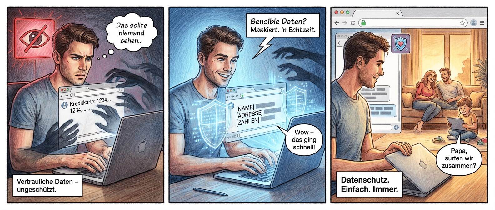 **Panel 1 (Szene 1 – Die unsichtbare Gefahr)**
*Bild:* Ein junger Mann mit konzentriertem Blick sitzt an einem modernen Schreibtisch, Laptop vor sich. Sein Gesicht ist im warmen Licht des Bildschirms erleuchtet, während er vertrauliche Daten in ein Chatfenster tippt. Im Hintergrund flackert ein rotes Warnsymbol auf – ein stilisiertes Auge mit einem durchgestrichenen Kreis. Schatten von unsichtbaren Fingern (wie digitale Spionage) kriechen über den Bildschirm, fast wie Nebel. Die Atmosphäre ist angespannt, aber der Nutzer bemerkt nichts.

*Textfeld (unten links, klein):* "Vertrauliche Daten – ungeschützt."
*Sprechblase (Nutzer, nachdenklich):* "Das sollte niemand sehen..."

---

**Panel 2 (Szene 2 – Der stille Wächter erwacht)**
*Bild:* Plötzlich leuchtet ein sanftes Blau auf – die Erweiterung *Privacy Guardrail* aktiviert sich. Namen, Adressen und Zahlen im Chatfenster verwandeln sich in neutrale Platzhalter (z. B. "[NAME]", "[ADRESSE]"). Zwei transparente, futuristische Erkennungsebenen (wie holografische Schilde) scannen den Text in Echtzeit. Der Nutzer tippt weiter, jetzt mit einem erleichterten Lächeln. Ein grünes Schloss erscheint in der Browserleiste, das Warnsymbol erlischt. Die Schatten ziehen sich zurück.

*Textfeld (oben rechts, dynamisch):* "Sensible Daten? Maskiert. In Echtzeit."
*Sprechblase (Nutzer, überrascht):* "Wow – das ging schnell!"

---

**Panel 3 (Szene 3 – Sicherheit als Standard)**
*Bild:* Der Nutzer schließt zufrieden seinen Laptop. Auf dem Bildschirm erscheint ein Chatprotokoll mit maskierten Daten – alles sicher. Im Hintergrund sieht man durch ein großes Fenster eine Familie: Ein Paar lacht auf dem Sofa, ein Kind spielt mit einem Tablet, alles in warmen Farben. Die *Privacy Guardrail*-Erweiterung läuft im Browser als kleines, pulsierendes Symbol (ein Schild mit einem Herz). Die Stimmung ist entspannt, fast wie ein Familienfoto.

*Textfeld (unten mittig, groß):* "Datenschutz. Einfach. Immer."
*Sprechblase (Kind, fröhlich):* "Papa, surfen wir zusammen?"