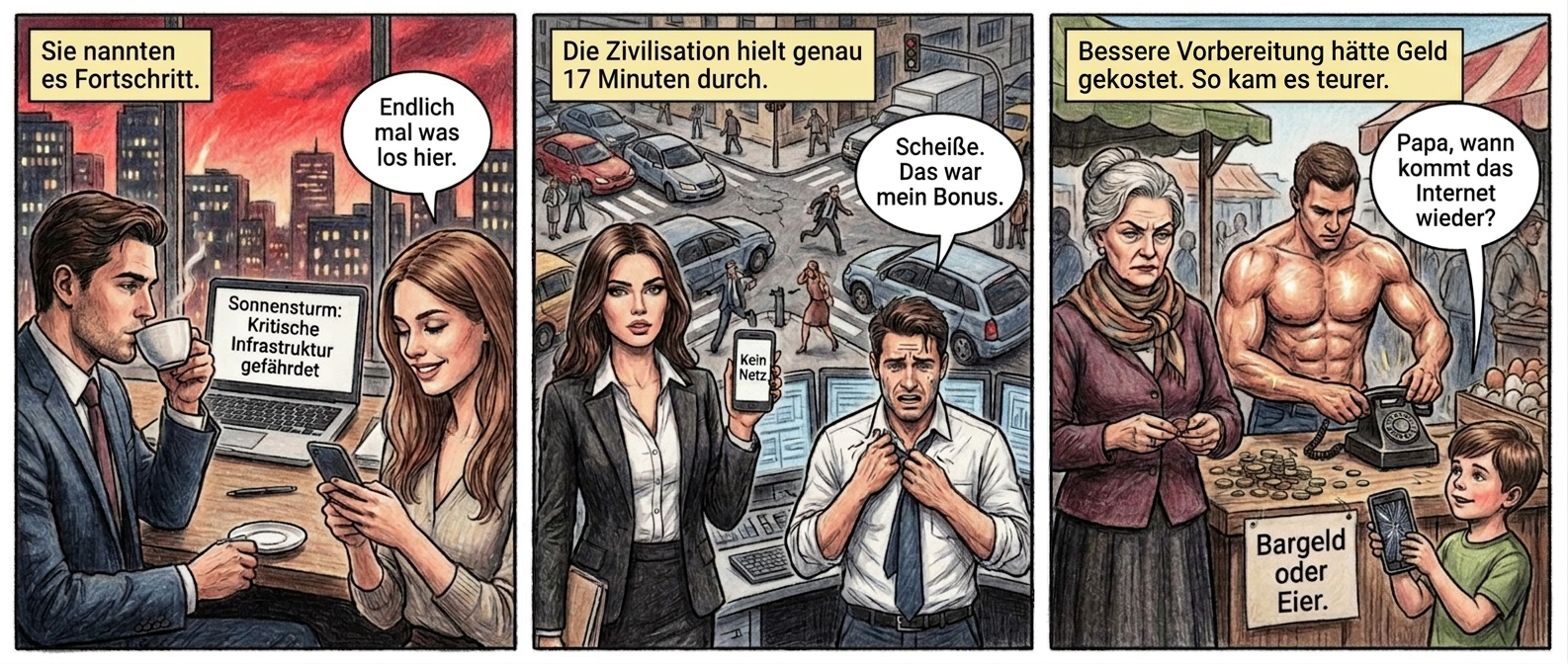 Ein Comic in drei Panels:
Panel 1 (Szene 1 – Die unsichtbare Gefahr)
Ein makelloser Büroangestellter (Anzug, perfektes Haar) nippt an seinem Kaffee, während sein Laptop eine Warnung zeigt: "Sonnensturm: Kritische Infrastruktur gefährdet." Im Hintergrund flackern die Lichter der Stadt, der Himmel glüht rot. Eine Kollegin scrollt auf ihrem Handy, ihre Lippen zu einem Lächeln verzogen. Sprechblase: "Endlich mal was los hier."
Textfeld: "Sie nannten es Fortschritt."
Panel 2 (Szene 2 – Der Kollaps)
Die Straßenkreuzung ist ein Albtraum aus stehenden Autos und panischen Menschen. Ein Model in Business-Kleidung steht mit leuchtendem Handy da, das Display zeigt nur "Kein Netz". Ein Techniker im Kontrollraum reißt sich die Krawatte vom Hals, sein Gesicht verzerrt. Sprechblase: "Scheiße. Das war mein Bonus."
Textfeld: "Die Zivilisation hielt genau 17 Minuten durch."
Panel 3 (Szene 3 – Die stille Rückkehr)
Ein Marktplatz, auf dem eine ältere Frau mit strenger Miene Münzen zählt. Ein Handwerker mit nacktem Oberkörper (Muskeln glänzen) schraubt an einem alten Telefon. Ein Schild hängt schief: "Bargeld oder Eier." Ein Kind hält ein kaputtes Smartphone hoch, als wäre es ein Relikt. Sprechblase: "Papa, wann kommt das Internet wieder?"
Textfeld: "Bessere Vorbereitung hätte Geld gekostet. So kam es teurer."