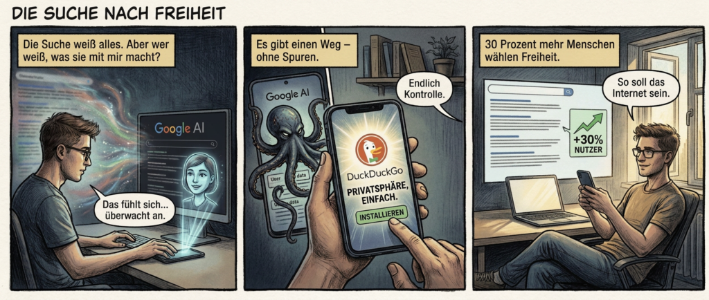 **Titel: "Die Suche nach Freiheit"**
**Panel 1 (Szene 1)**
*Bild:* Ein junger Mann mit lässigem Kurzhaarschnitt und moderner Brille sitzt an einem minimalistischen Schreibtisch. Vor ihm ein großer Bildschirm, auf dem Googles KI-Suchoberfläche flackert – bunte Datenströme wabern wie Nebel, während klassische Suchergebnisse im Hintergrund verschwimmen. Ein digitaler Assistent mit freundlichem, aber forschendem Gesicht erscheint als holografische Projektion. Der Nutzer wirkt leicht angespannt, die Hand zögert über dem Handy.
*Textfeld:* "Die Suche weiß alles. Aber wer weiß, was sie mit mir macht?"
*Sprechblase (Nutzer, nachdenklich):* "Das fühlt sich… überwacht an."
---
**Panel 2 (Szene 2)**
*Bild:* Nahaufnahme des Smartphone-Bildschirms, während die DuckDuckGo-App herunterlädt. Links: Googles KI als dunkler, verschlungener Datenkrake, dessen Tentakel nach Nutzerdaten greifen. Rechts: DuckDuckGo als strahlendes Schloss-Symbol mit dem Slogan "Privatsphäre, einfach." in klarer Schrift. Die Finger des Nutzers tippen entschlossen auf "Installieren". Im Hintergrund ein Regal mit Büchern und einer kleinen Pflanze.
*Textfeld:* "Es gibt einen Weg – ohne Spuren."
*Sprechblase (Stimme aus dem Off, warm):* "Endlich Kontrolle."
---
**Panel 3 (Szene 3)**
*Bild:* Der Nutzer lehnt sich entspannt zurück, das Handy in der Hand. Auf dem Bildschirm: klare, werbefreie Suchergebnisse, daneben ein kleines Diagramm mit einem grünen Pfeil nach oben ("+30% Nutzer"). Im Hintergrund ein offenes Fenster mit Sonnenlicht, das auf einen Laptop fällt. Ein leichtes Lächeln spielt um seine Lippen.
*Textfeld:* "30 Prozent mehr Menschen wählen Freiheit."
*Sprechblase (Nutzer, lächelnd):* "So soll das Internet sein."