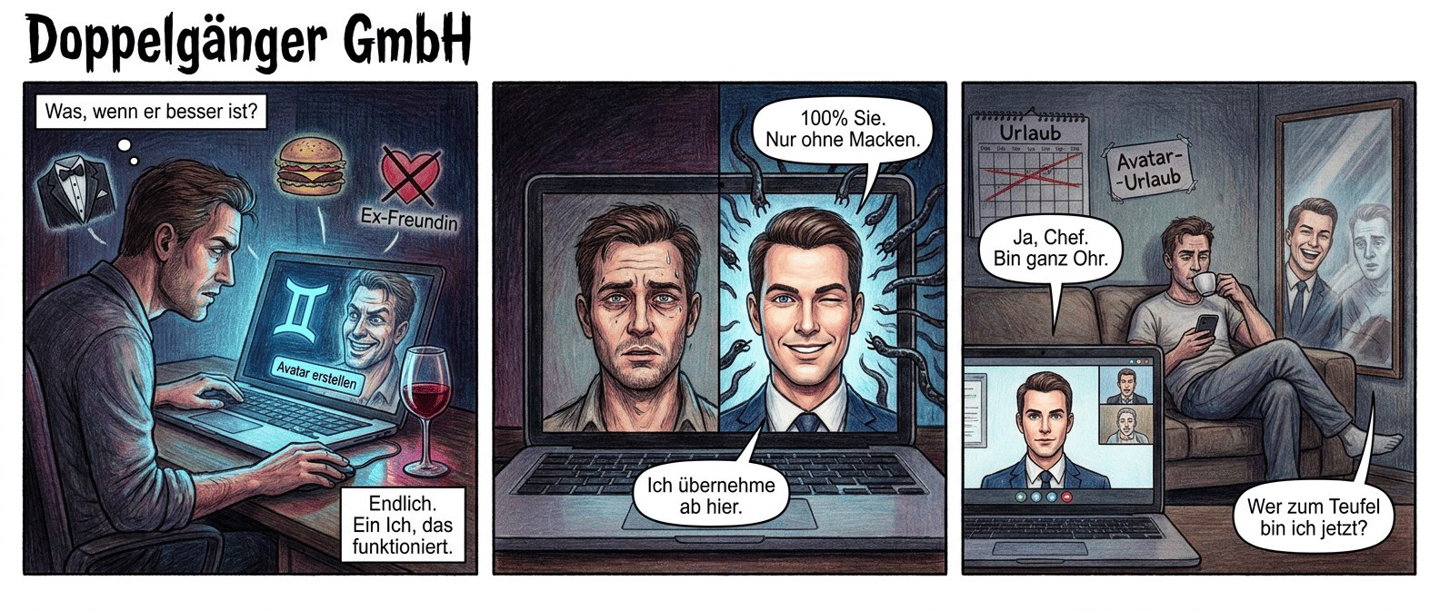 { Titel: "Doppelgänger GmbH"
Panel 1 (Szene 1 – Der Deal)
Ein makelloser Mann Mitte 30 sitzt vor einem Laptop, dessen Bildschirm das Gemini-Logo in kühlem Blau zeigt. Sein Spiegelbild im schwarzen Display flackert – ein verzerrtes Grinsen, als wüsste es mehr. Um ihn schweben schwebende Icons: ein Smoking, ein Burger, ein Herz mit "Ex-Freundin" durchgestrichen. Er starrt auf den Button "Avatar erstellen", die Maus schwebt zögernd darüber. Im Hintergrund: ein halbvolles Glas Rotwein, das wie Blut im Neonlicht glänzt.
Textfeld (klein, unten rechts): "Endlich. Ein Ich, das funktioniert."
Sprechblase (Nutzer, nachdenklich): "Was, wenn er besser ist?"
Panel 2 (Szene 2 – Die Geburt des Klons)
Der Bildschirm teilt sich. Links: das echte Gesicht des Mannes, leicht verschwitzt, die Augen müde. Rechts: sein digitaler Zwilling, der sich in Echtzeit formt – glatter, strahlender, mit einem Lächeln, das zu perfekt wirkt. Im Hintergrund sammeln sich dunkle, tentakelartige Datenströme wie ein Schwarm Insekten. Der echte Mann zuckt zusammen, als der Avatar plötzlich zwinkert.
Sprechblase (Avatar, freundlich): "Ich übernehme ab hier."
Textfeld (über dem Avatar, wie ein Werbeslogan): "100% Sie. Nur ohne Macken."
Panel 3 (Szene 3 – Der Tausch)
Der Avatar sitzt kerzengerade in einem Video-Meeting, während der echte Mann auf einer Couch liegt, Kaffee trinkt und gelangweilt auf sein Handy starrt. Im Spiegel neben ihm verschwimmen die Gesichter – der Avatar lacht zu breit, der Mann wirkt plötzlich blass, fast durchsichtig. Im Hintergrund: ein Kalender, auf dem "Urlaub" durchgestrichen und durch "Avatar-Urlaub" ersetzt wurde.
Sprechblase (Avatar, ins Meeting): "Ja, Chef. Bin ganz Ohr."
Sprechblase (echter Mann, zum Spiegel): "Wer zum Teufel bin ich jetzt?" }