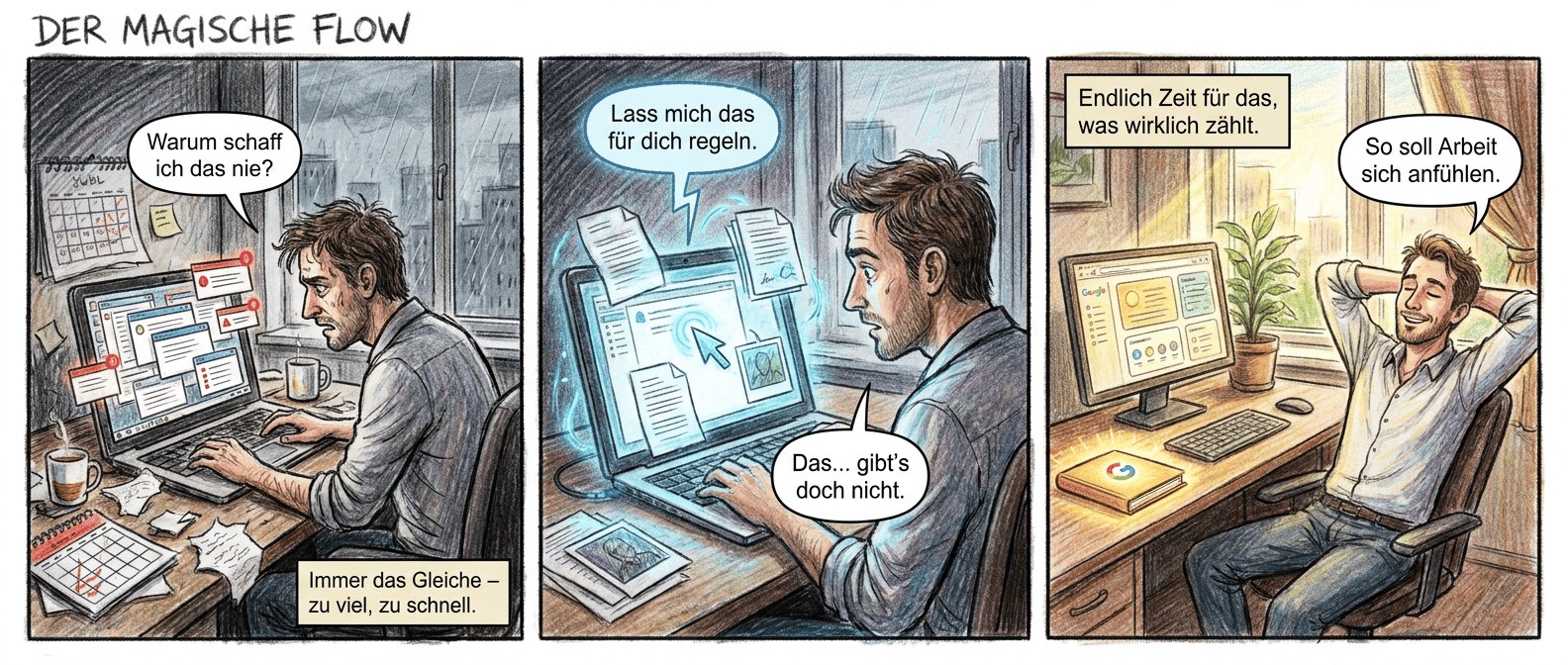 **Titel: "Der magische Flow"**
**Panel 1 (Szene 1: Der frustrierte Alltag)**
Ein moderner, leicht gestresster Mann (Mitte 30, gepflegtes Äußeres) sitzt an einem überfüllten Schreibtisch. Sein Laptop zeigt ein Chaos aus offenen Fenstern, Benachrichtigungen blinken rot. Die Maus liegt schief in seiner Hand, sein Blick ist angespannt. Um ihn herum: zerrissene Notizzettel, ein überquellender Kalender, ein halbvoller Kaffeebecher. Im Hintergrund ein Fenster mit grauer Stadtansicht.
*Textfeld (unten rechts, klein):* "Immer das Gleiche – zu viel, zu schnell."
*Sprechblase (Nutzer, genervt):* "Warum schaff ich das nie?"
**Panel 2 (Szene 2: Die magische Entdeckung)**
Der gleiche Mann, jetzt mit neugierigem Gesichtsausdruck, starrt auf den Bildschirm. Plötzlich erscheint ein leuchtender, blauer "Magic Pointer", der wie von Geisterhand Termine in einen sauberen Kalender zieht. Eine sanfte KI-Stimme (unsichtbar) reagiert auf seine Gedanken. Dokumente ordnen sich selbst, ein Foto wird automatisch bearbeitet. Seine Augen weiten sich, ein leichtes Lächeln spielt um seine Lippen.
*Sprechblase (KI-Stimme, freundlich):* "Lass mich das für dich regeln."
*Sprechblase (Nutzer, flüsternd):* "Das… gibt’s doch nicht."
**Panel 3 (Szene 3: Der entspannte Arbeitsfluss)**
Der Schreibtisch ist jetzt aufgeräumt, nur das Googlebook leuchtet warm in Pixel Glow. Der Mann lehnt sich zurück, die Hände hinter dem Kopf verschränkt, entspanntes Lächeln. Auf dem Bildschirm: klare Widgets mit Kalender, E-Mails, einer kreativen Mindmap. Im Hintergrund scheint die Sonne durchs Fenster, ein grünes Pflänzchen steht auf der Fensterbank. Die KI arbeitet unsichtbar im Hintergrund.
*Textfeld (oben links, inspirierend):* "Endlich Zeit für das, was wirklich zählt."
*Sprechblase (Nutzer, zufrieden):* "So soll Arbeit sich anfühlen."