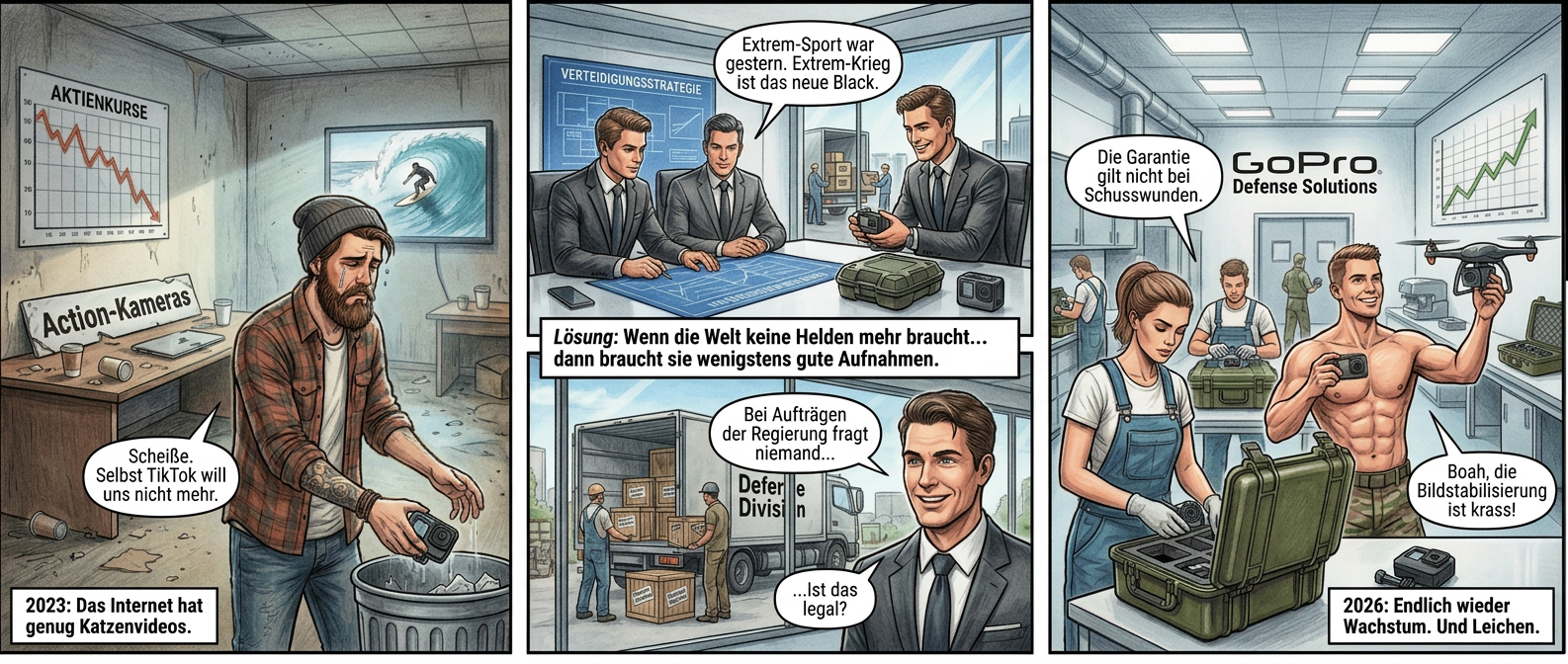 Panel 1 (Szene 1 – Das Ende der Action)
Ein verlassenes GoPro-Büro, Staub wirbelt im fahlen Licht. Die Aktienkurve an der Wand stürzt ab wie ein Base-Jumper ohne Schirm. Das zerbrochene "Action-Kameras"-Schild liegt zwischen leeren Kaffeebechern. Im Hintergrund flimmert stumm ein Werbevideo: ein Surfer reitet eine Welle, während im Vordergrund ein hipsterhafter Praktikant mit Tränen in den Augen eine letzte GoPro in den Müll wirft.
Textfeld (klein, unten links): "2023: Das Internet hat genug Katzenvideos."
Sprechblase (Praktikant): "Scheiße. Selbst TikTok will uns nicht mehr."
Panel 2 (Szene 2 – Die Geburt der Kriegsästhetik)
Ein Konferenzraum, chromblitzend wie ein Bond-Schurken-HQ. Drei makellose Manager in Anzügen, die aussehen, als wären sie für ein GQ-Shooting gebucht, starren auf Blaupausen. Ein vierter hält eine GoPro neben ein gepanzertes Gehäuse – wie ein Chirurg, der einem Patienten eine Niere entnimmt. Draußen laden Arbeiter Kisten mit "Defense Division"-Aufklebern in einen Lastwagen. Einer der Manager lächelt, als hätte er gerade die Weltherrschaft erfunden.
Textfeld (zentral, fett): "Lösung: Wenn die Welt keine Helden mehr braucht… dann braucht sie wenigstens gute Aufnahmen."
Sprechblase (Manager): "Extrem-Sport war gestern. Extrem-Krieg ist das neue Black."
Sprechblase (Mitarbeiter, zögernd): "…Ist das legal?"
Panel 3 (Szene 3 – Der Aufschwung des Grauens)
Eine Fabrikhalle, klinisch hell, aber mit dem Charme einer Waffenmesse. Arbeiter in stylischen Overalls bauen GoPros in olivgrüne Gehäuse ein – wie Juweliere, die Granaten mit Diamanten verzieren. Im Hintergrund testet ein Soldat mit perfektem Sixpack eine Drohne, die Kamera filmt sein grinsendes Gesicht in HD. An der Wand prangt das neue Logo: "GoPro Defense Solutions". Die Aktienkurve zeigt zaghaft nach oben, als würde sie sich schämen.
Textfeld (unten rechts, sarkastisch): "2024: Endlich wieder Wachstum. Und Leichen."
Sprechblase (Arbeiter, trocken): "Die Garantie gilt nicht bei Schusswunden."
Sprechblase (Soldat, begeistert): "Boah, die Bildstabilisierung ist krass!" }