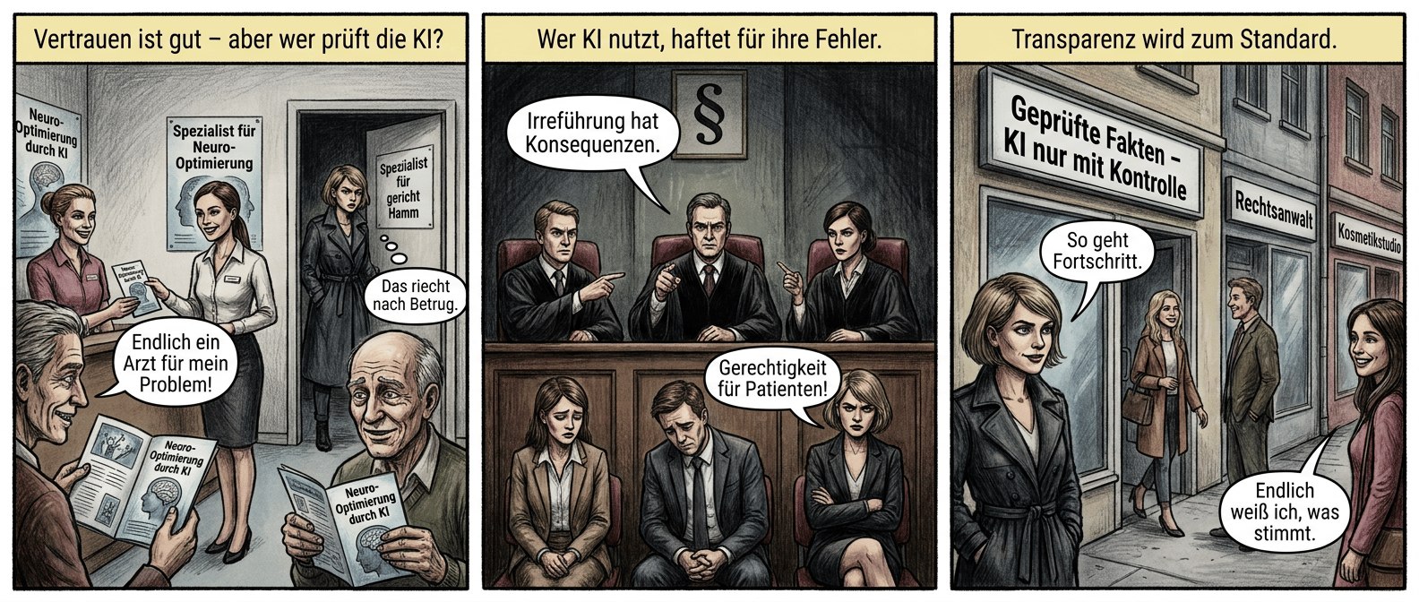 "KI unter Kontrolle" – Eine Graphic Novel**
**Panel 1 (Szene 1 – Die Falle)**
*Bild:* Eine moderne Arztpraxis mit glänzenden Broschüren im Wartezimmer. Patienten blättern vertrauensvoll darin, während eine lächelnde Arzthelferin sie verteilt. Im Hintergrund hängt ein Plakat mit erfundenen Titeln wie "Spezialist für Neuro-Optimierung". Die Verbraucherschützerin Lena (attraktiv, scharfer Blick, kurze Haare) steht in der Tür und mustert misstrauisch das Schild. Ein älterer Patient zeigt begeistert auf die Broschüre.
*Textfeld:* "Vertrauen ist gut – aber wer prüft die KI?"
*Sprechblase 1 (Patient):* "Endlich ein Arzt für mein Problem!"
*Sprechblase 2 (Lena, leise):* "Das riecht nach Betrug."
**Panel 2 (Szene 2 – Die Konsequenz)**
*Bild:* Gerichtssaal des Oberlandesgerichts Hamm. Drei Richter (ernste Mienen) heben mahnend den Zeigefinger. Vor ihnen sitzen die Praxisbesitzer (beschämt, Blick gesenkt), daneben Lena, die triumphierend die Arme verschränkt. Im Hintergrund ein Schild mit Paragrafenzeichen.
*Textfeld:* "Wer KI nutzt, haftet für ihre Fehler."
*Sprechblase 1 (Richter):* "Irreführung hat Konsequenzen."
*Sprechblase 2 (Lena):* "Gerechtigkeit für Patienten!"
**Panel 3 (Szene 3 – Der Wandel)**
*Bild:* Vor der Praxis hängt ein neues Schild: "Geprüfte Fakten – KI nur mit Kontrolle". Lena steht daneben und nickt zufrieden. Im Hintergrund sieht man andere Geschäfte (Rechtsanwalt, Kosmetikstudio) mit ähnlichen Schildern. Patienten betreten lächelnd die Praxis.
*Textfeld:* "Transparenz wird zum Standard."
*Sprechblase 1 (Lena):* "So geht Fortschritt."
*Sprechblase 2 (Patientin):* "Endlich weiß ich, was stimmt."