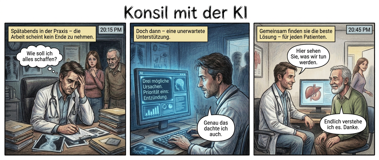 **Panel 1 (Szene 1: Die überlastete Praxis)**
*Ein moderner, aber überfüllter Behandlungsraum. Der Arzt, Mitte 40, schlank, mit kurzen dunklen Haaren und konzentriertem Blick, sitzt an einem Schreibtisch, umgeben von Aktenstapeln und Röntgenbildern. Sein weißer Kittel wirkt leicht zerknittert. Hinter ihm drängen sich wartende Patienten – eine junge Frau mit besorgtem Gesicht, ein älterer Mann mit schmerzverzerrter Miene. Die Uhr an der Wand zeigt 20:15 Uhr. Der Arzt stützt den Kopf in die Hand, die andere hält einen Stift über ein unvollendetes Formular.*
**Textfeld:** *Spätabends in der Praxis – die Arbeit scheint kein Ende zu nehmen.*
**Sprechblase Arzt (leise, zu sich selbst):** *Wie soll ich das alles schaffen?*
---
**Panel 2 (Szene 2: Die helfende Hand)**
*Der Arzt tippt auf einen großen Monitor. Plötzlich erscheint ein freundliches, blau schimmerndes KI-Interface mit klaren Diagrammen und Textvorschlägen. Die KI zeigt mögliche Diagnosen an, während der Arzt aufmerksam die Daten prüft. Sein Gesichtsausdruck wechselt von Erschöpfung zu neugieriger Konzentration. Im Hintergrund verschwimmen die wartenden Patienten leicht, als würde die Zeit langsamer vergehen. Der Raum wirkt auf einmal ruhiger.*
**Textfeld:** *Doch dann – eine unerwartete Unterstützung.*
**Sprechblase KI (neutral, klar):** *Drei mögliche Ursachen. Priorität eins: Entzündung.*
**Sprechblase Arzt (erleichtert):** *Genau das dachte ich auch.*
---
**Panel 3 (Szene 3: Die neue Zusammenarbeit)**
*Der Arzt sitzt nun entspannt neben einem älteren Patienten mit graumeliertem Bart, der aufmerksam zuhört. Auf einem zweiten Bildschirm neben ihnen zeigt die KI eine verständliche Grafik – ein Organ mit farbigen Markierungen. Der Patient lächelt, während der Arzt mit ruhiger Stimme spricht. Die Praxis wirkt plötzlich heller, fast harmonisch. Im Hintergrund verlässt die junge Frau lächelnd den Raum, ein Pflaster am Arm. Die Uhr zeigt 20:45 Uhr.*
**Textfeld:** *Gemeinsam finden sie die beste Lösung – für jeden Patienten.*
**Sprechblase Arzt (freundlich):** *Hier sehen Sie, was wir tun werden.*
**Sprechblase Patient (dankbar):** *Endlich verstehe ich es. Danke.*