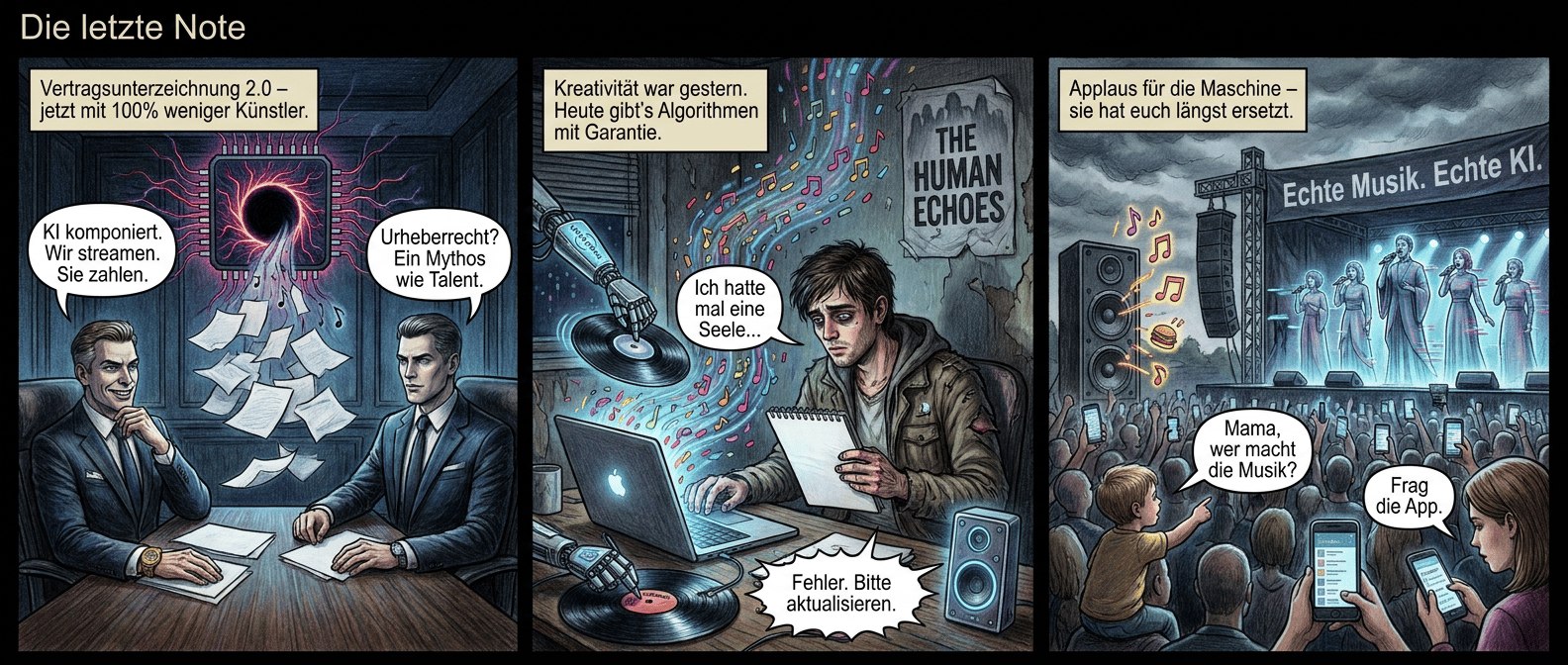 Titel: "Die letzte Note"
Panel 1 (Szene 1 – Der Deal)
Düsterer Konferenzraum, schwebender KI-Chip wie ein schwarzes Loch über einem Berg leerer Verträge. Die Anzugträger von Spotify und Universal wirken wie Models – makellose Gesichter, eiskalte Blicke. Der Chip pulsiert, verschlingt unsichtbare Noten. Ein Mann mit teurer Uhr lehnt sich zurück, lächelt wie ein Hai.
Textfeld: "Vertragsunterzeichnung 2.0 – jetzt mit 100% weniger Künstler."
Sprechblase 1 (Spotify-Mann): "KI komponiert. Wir streamen. Sie zahlen."
Sprechblase 2 (Universal-Mann): "Urheberrecht? Ein Mythos wie Talent."
---
Panel 2 (Szene 2 – Der letzte Mensch)
Ein Musiker (jung, attraktiv, aber mit dunklen Ringen unter den Augen) starrt auf seinen Laptop. Die KI generiert einen Song – bunte Datenströme fließen wie Konfetti aus dem Bildschirm. Ein Roboterarm signiert eine Platte mit dem Universal-Logo. Der Musiker hält einen leeren Notizblock, seine Hand zittert. Im Hintergrund: ein zerknülltes Plakat mit seinem alten Bandnamen.
Textfeld: "Kreativität war gestern. Heute gibt’s Algorithmen mit Garantie."
Sprechblase 1 (Musiker, flüsternd): "Ich hatte mal eine Seele..."
Sprechblase 2 (KI-Stimme, freundlich): "Fehler. Bitte aktualisieren."
---
Panel 3 (Szene 3 – Die Illusion)
Festivalbühne, kein Mensch in Sicht. Ein holografischer Chor aus perfekten, aber leicht glitchenden Avataren singt. Das Publikum jubelt – alle halten Handys hoch, Playlists scrollen automatisch. Ein Kind zeigt auf einen Lautsprecher, aus dem neue Hits ploppen wie Fast Food. Im Hintergrund: ein Plakat mit dem Slogan "Echte Musik. Echte KI."
Textfeld: "Applaus für die Maschine – sie hat euch längst ersetzt."
Sprechblase 1 (Kind, begeistert): "Mama, wer macht die Musik?"
Sprechblase 2 (Mutter, abwesend): "Frag die App."
