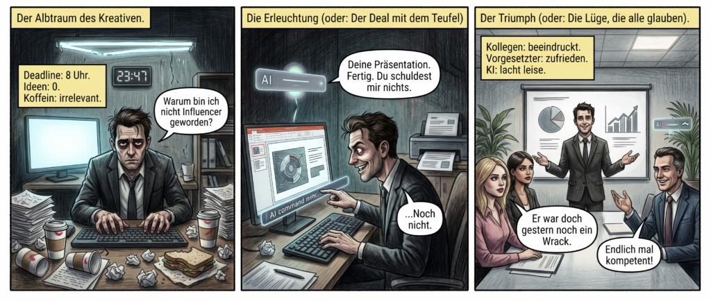 Panel 1 (Szene 1 – Der Albtraum des Kreativen)
Ein makelloser Büroangestellter (dunkler Anzug, perfektes Haar, aber mit Augenringen wie aus einem Horrorfilm) sitzt vor einem leeren PowerPoint-Bildschirm. Die Uhr an der Wand zeigt 23:47. Um ihn herum: ein Berg zerknüllter Notizzettel, drei leere Kaffeetassen (eine mit Lippenstiftabdruck, als hätte eine Kollegin sie heimlich benutzt) und ein halb gegessenes Sandwich, das aussieht, als hätte es seit Mittag auf ihn gewartet. Seine Hände krallen sich in die Tastatur, als wolle er sie erwürgen. Im Hintergrund flackert ein kaputter Neonstreifen – das Bürolicht der Hölle.
Textfeld: "Deadline: 8 Uhr. Ideen: 0. Koffein: irrelevant."
Sprechblase (zu sich selbst, verzweifelt): "Warum bin ich nicht Influencer geworden?"
Panel 2 (Szene 2 – Die Erleuchtung (oder: Der Deal mit dem Teufel))
Derselbe Mann, jetzt mit irrem Grinsen, tippt mit einer Hand einen Befehl in eine schicke, futuristische KI-Leiste am Bildschirmrand. Plötzlich erscheint eine Folie – perfekt designed, mit einer Grafik, die aussieht, als hätte ein Genie sie in Sekunden erschaffen. Die KI (dargestellt als schwebendes, minimalistisches Interface mit sanft pulsierendem Licht) antwortet in Echtzeit. Im Hintergrund wirft der Drucker plötzlich wie von Geisterhand perfekt ausgedruckte Unterlagen aus.
Sprechblase (KI, freundlich-neutral): "Deine Präsentation. Fertig. Du schuldest mir nichts."
Sprechblase (Mann, misstrauisch): "…Noch nicht."
Panel 3 (Szene 3 – Der Triumph (oder: Die Lüge, die alle glauben))
Morgens im Meetingraum. Unser Held steht selbstbewusst vor dem Team – alle sind atemberaubend schön, aber ihre Blicke wirken leicht glasig, als hätten sie gerade eine Gehirnwäsche hinter sich. Die Folien sind makellos, die Charts so überzeugend, dass selbst der skeptische Chef (mit teurem Anzug und einem Lächeln, das zu perfekt ist) nickt. Im Hintergrund, halb verdeckt von einer Topfpflanze, flackert kurz das KI-Interface auf – als würde es zwinkern. Der Mann lächelt charmant, aber seine Augen verraten Panik.
Textfeld: "Kollegen: beeindruckt. Chef: zufrieden. KI: lacht leise."
Sprechblase (Kollegin, flüsternd): "Er war doch gestern noch ein Wrack."
Sprechblase (Chef, begeistert): "Endlich mal kompetent!" }