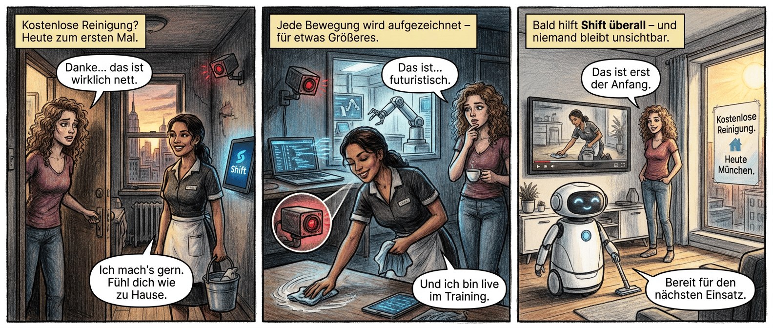 **Panel 1 (Szene 1 – Hoffnung)**
Eine schlanke, junge Frau mit lockigem Haar (Mia, Mitte 20) öffnet ihre winzige New Yorker Wohnungstür. Ihr Gesicht ist müde, aber erleichtert. Vor ihr steht eine lächelnde Putzkraft (Lena, lateinamerikanische Züge, freundliche Augen) mit Eimer und Mikrofasertuch. An der Wand surrt eine kleine Kamera, deren rotes Licht blinkt. Im Hintergrund leuchtet auf einem Tablet das Shift-Logo in sanftem Blau. Ein schmales Fenster zeigt die Skyline bei Sonnenuntergang.
*Textfeld:* "Kostenlose Reinigung? Heute zum ersten Mal."
*Sprechblase Mia:* "Danke… das ist wirklich nett."
*Sprechblase Lena:* "Ich mach’s gern. Fühl dich wie zu Hause."
**Panel 2 (Szene 2 – Präzision)**
Lena wischt konzentriert den Boden, ihr Gesicht ist leicht unscharf, aber ihre Hände bewegen sich elegant. Die Kamera an der Wand zoomt auf ihre Bewegungen. Auf einem Laptop daneben flackern Datenströme – ein Roboterarm in einem High-Tech-Labor (sichtbar durch ein Fenster) ahmt ihre Gesten nach. Mia beobachtet aus dem Hintergrund, eine Hand am Kinn, die andere hält eine Tasse Tee. Ihr Blick ist neugierig, fast ehrfürchtig.
*Textfeld:* "Jede Bewegung wird aufgezeichnet – für etwas Größeres."
*Sprechblase Mia:* "Das ist… futuristisch."
*Sprechblase Lena (lächelnd):* "Und ich bin live im Training."
**Panel 3 (Szene 3 – Zukunft)**
Ein schlanker, weißer Roboter mit sanften LED-Augen putzt eine moderne Wohnung – dieselben Möbel wie in Mias Zuhause, aber aufgeräumter. Auf einem Wandbildschirm läuft das Video von Lena, jetzt vollständig anonymisiert. Mia steht daneben, die Hände in den Taschen, und lächelt stolz. Durch das Fenster sieht man ein Shift-Plakat: "Kostenlose Reinigung. Heute München." Die Sonne scheint warm herein.
*Textfeld:* "Bald hilft Shift überall – und niemand bleibt unsichtbar."
*Sprechblase Mia (leise):* "Das ist erst der Anfang."
*Sprechblase Roboter (freundliche Stimme):* "Bereit für den nächsten Einsatz."