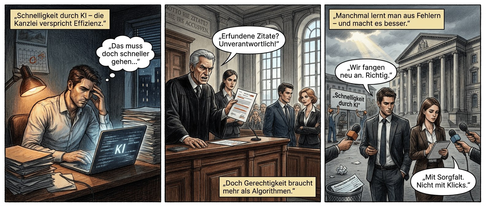 **Panel 1 (Szene 1 – Das Büro)**
*Dunkelblaue Abendstimmung, warmes Licht der Schreibtischlampe. Der Anwalt, Mitte 30, markante Gesichtszüge, sitzt vor einem Laptop. Die KI-Software auf dem Bildschirm zeigt flackernde Textbausteine. Akten stapeln sich unordentlich, ein Kalender mit rot umkringeltem Datum hängt schief an der Wand. Der Anwalt reibt sich die Schläfen, wirkt müde, aber entschlossen.*
Textfeld: „Schnelligkeit durch KI – die Kanzlei verspricht Effizienz.“
Sprechblase Anwalt (leise, zu sich selbst): „Das muss doch schneller gehen…“
**Panel 2 (Szene 2 – Der Gerichtssaal)**
*Klares Tageslicht fällt durch hohe Fenster. Der Richter, graumeliert und mit strenger Miene, schlägt mit der flachen Hand auf den Tisch. Seine Assistentin hält ein Blatt mit grellroten Markierungen hoch. Die gegnerischen Anwälte, elegant und selbstsicher, tauschen Blicke. Im Hintergrund flüstern Zuschauer, einige schütteln den Kopf. Das Motto an der Wand wirkt wie ein Vorwurf.*
Textfeld: „Doch Gerechtigkeit braucht mehr als Algorithmen.“
Sprechblase Richter (laut, wütend): „Erfundene Zitate? Unverantwortlich!“
**Panel 3 (Szene 3 – Vor dem Gerichtsgebäude)**
*Grauer Himmel, aber ein Lichtstrahl bricht durch die Wolken. Die Anwälte stehen mit gesenkten Köpfen vor dem Eingang, Reporter halten Mikrofone hin. Ein zerknülltes Blatt liegt im Müll, daneben ein Scheck mit der Aufschrift „Kostenübernahme“. Im Hintergrund wird das alte Kanzleischild („Schnelligkeit durch KI“) abmontiert. Der Anwalt blickt auf – nicht resigniert, sondern nachdenklich. Neben ihm steht eine junge Kollegin mit einem Notizbuch in der Hand.*
Textfeld: „Manchmal lernt man aus Fehlern – und macht es besser.“
Sprechblase Kollegin (leise, ermutigend): „Wir fangen neu an. Richtig.“
Sprechblase Anwalt (fest): „Mit Sorgfalt. Nicht mit Klicks.“