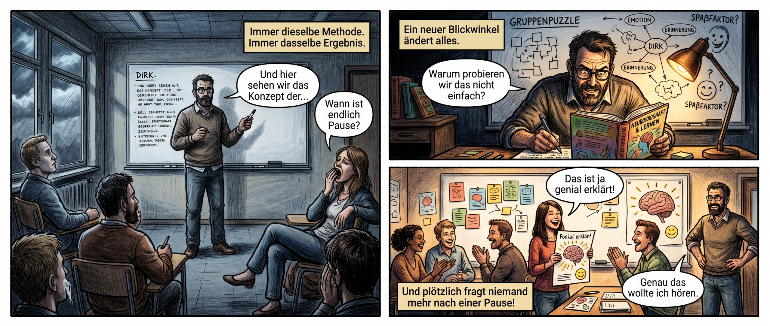 Comic "Der Funke springt über"
Panel 1 (Szene 1 – Die müde Klasse)
Bild: Ein großer, moderner Klassenraum mit hohen Fenstern. Dirk, Mitte 30, schlank, mit kurz geschnittenen dunklen Haaren und einem leicht angespannten Lächeln, steht vor einer weißen Tafel, die mit eng beschriebenen Notizen überladen ist. Die Teilnehmer (diverse Gruppe, attraktiv, lässig gekleidet) sitzen in Reihen, einige lehnen sich gelangweilt zurück, eine Frau gähnt hinter vorgehaltener Hand, ein Mann starrt aus dem Fenster. Die Atmosphäre wirkt schwer, fast greifbar müde.
Textfeld (oben rechts, kursiv): "Immer dieselbe Methode. Immer dasselbe Ergebnis."
Sprechblase (Dirk, unsicher): "Und hier sehen wir das Konzept der…"
Sprechblase (Teilnehmerin, flüsternd): "Wann ist endlich Pause?"
---
Panel 2 (Szene 2 – Der Wendepunkt)
Bild: Dirk sitzt abends an einem kleinen Holztisch, ein aufgeschlagenes Buch vor sich ("Neurowissenschaft & Lernen" – bunt illustriert). Seine Augen leuchten, während er mit einem Stift Notizen macht. Im Hintergrund: ein Whiteboard mit Skizzen – Gruppenpuzzle, bunte Mindmaps, ein Smiley mit "Spaßfaktor?". Die Szene ist warm beleuchtet, voller Energie.
Textfeld (oben links, kursiv): "Ein neuer Blickwinkel ändert alles."
Sprechblase (Dirk, zu sich selbst): "Warum probieren wir das nicht einfach?"
(Keine zweite Sprechblase – die Frage hängt in der Luft.)
---
Panel 3 (Szene 3 – Die verwandelte Klasse)
Bild: Der gleiche Raum, aber alles wirkt heller. Dirk steht nun seitlich, die Tafel ist fast leer – stattdessen hängen bunte Karten und ein großes Poster mit einer Zeichnung. Die Teilnehmer arbeiten in Gruppen, lachen, diskutieren. Eine Frau hält ein selbstgemaltes Plakat hoch, ein Mann klatscht begeistert in die Hände. Dirk strahlt, die Hände in die Hüften gestemmt, als würde er sagen: "Seht ihr?".
Textfeld (unten mittig, kursiv): "Und plötzlich fragt niemand mehr nach einer Pause!"
Sprechblase (Teilnehmer, begeistert): "Das ist ja genial erklärt!"
Sprechblase (Dirk, lachend): "Genau das wollte ich hören."